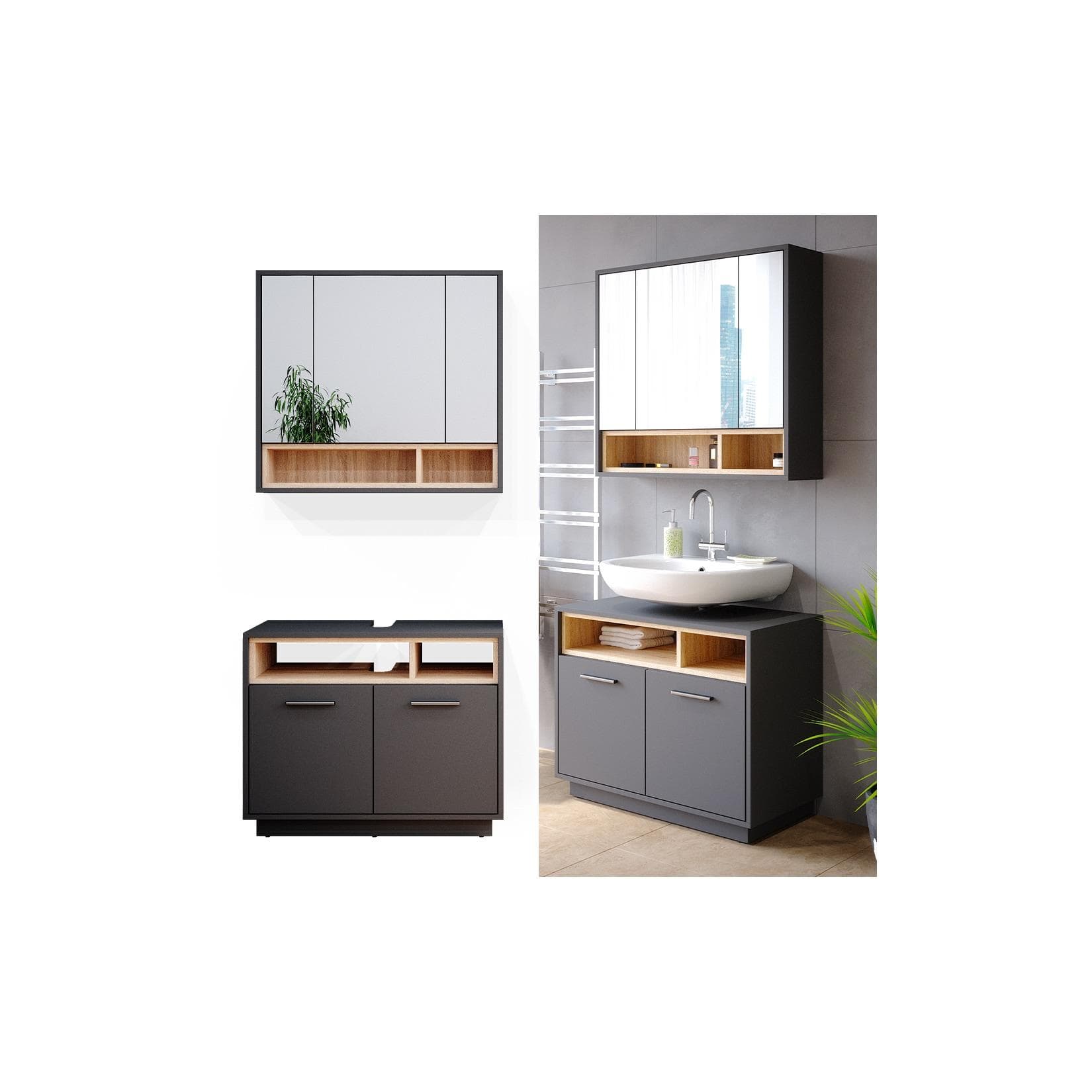 Anthrazit/Sonoma Badmöbel-Set - 2 Teile (Spiegelschrank & Unterschrank)