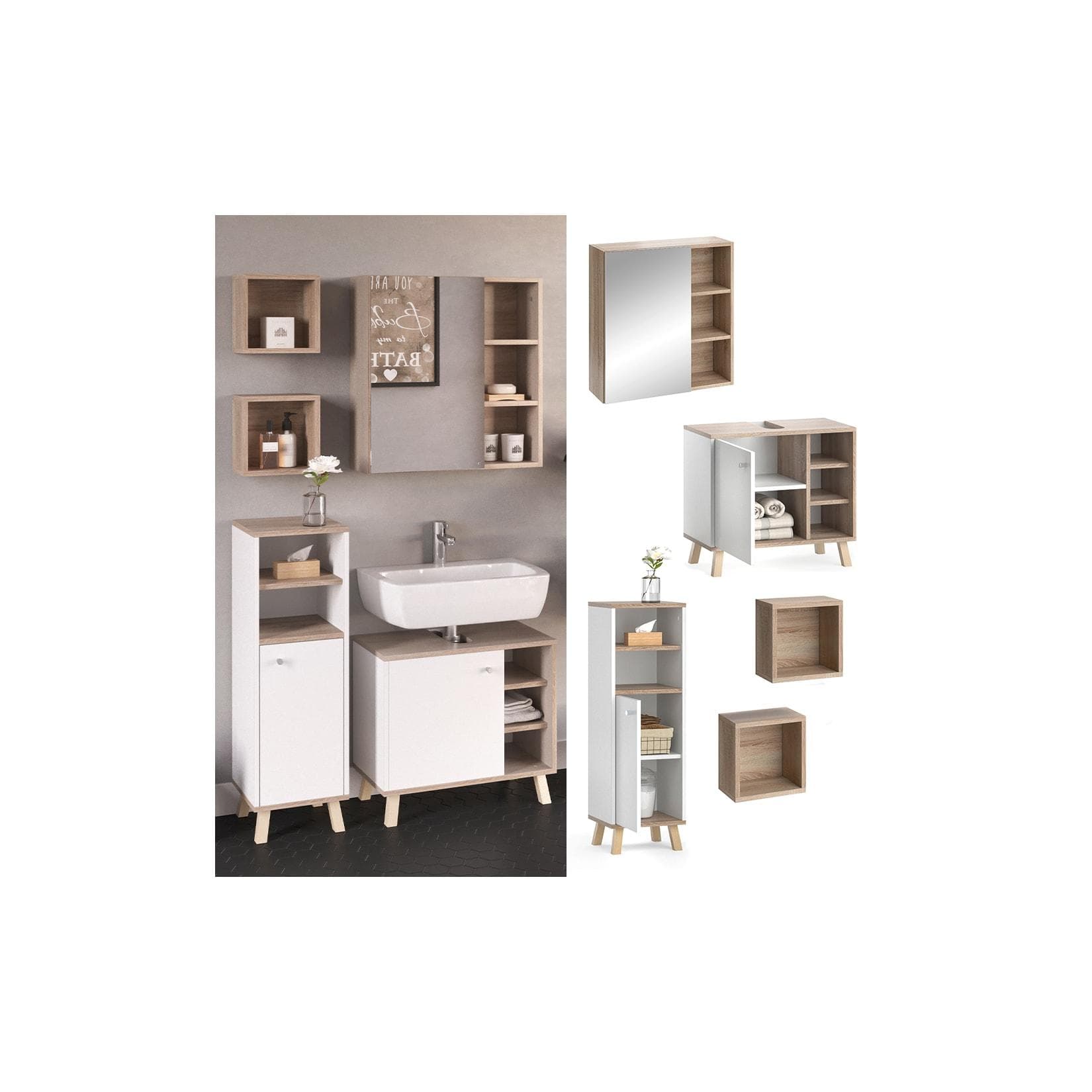 Badmöbel-Set Weiß/Sonoma mit Midischrank 4-teilig
