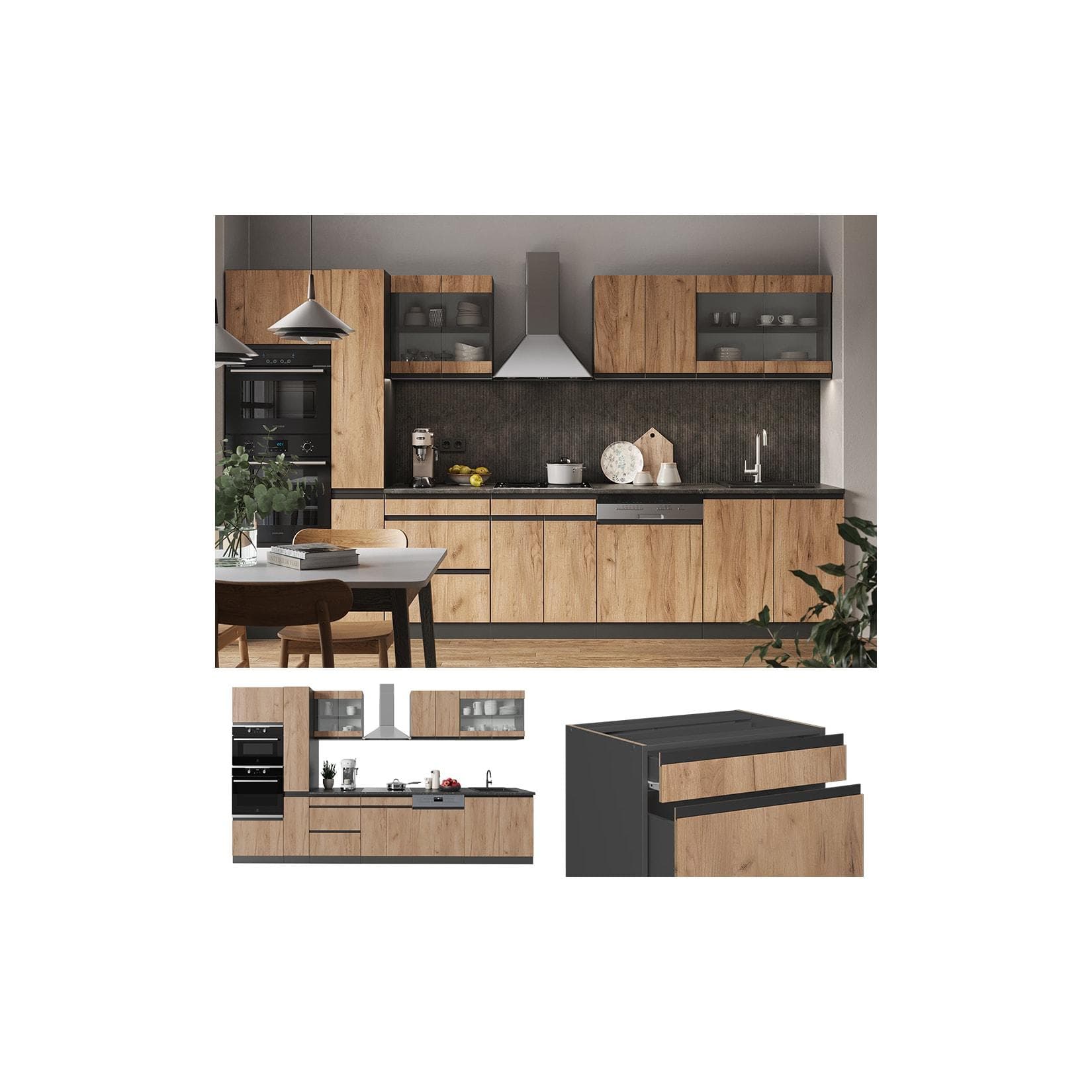 Vicco Küchenzeile R-Line Goldkraft Eiche/Anthrazit Modular Grau