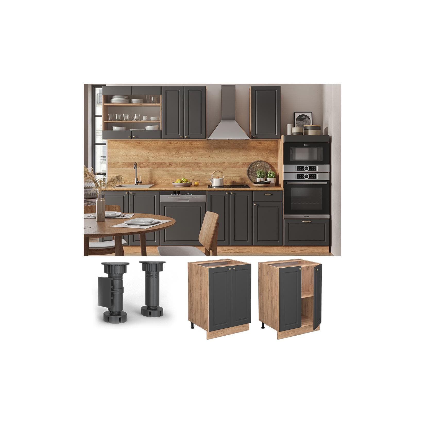 Anthrazit-Gold Unterschrank mit Goldkraft Eiche - Moderne Küche