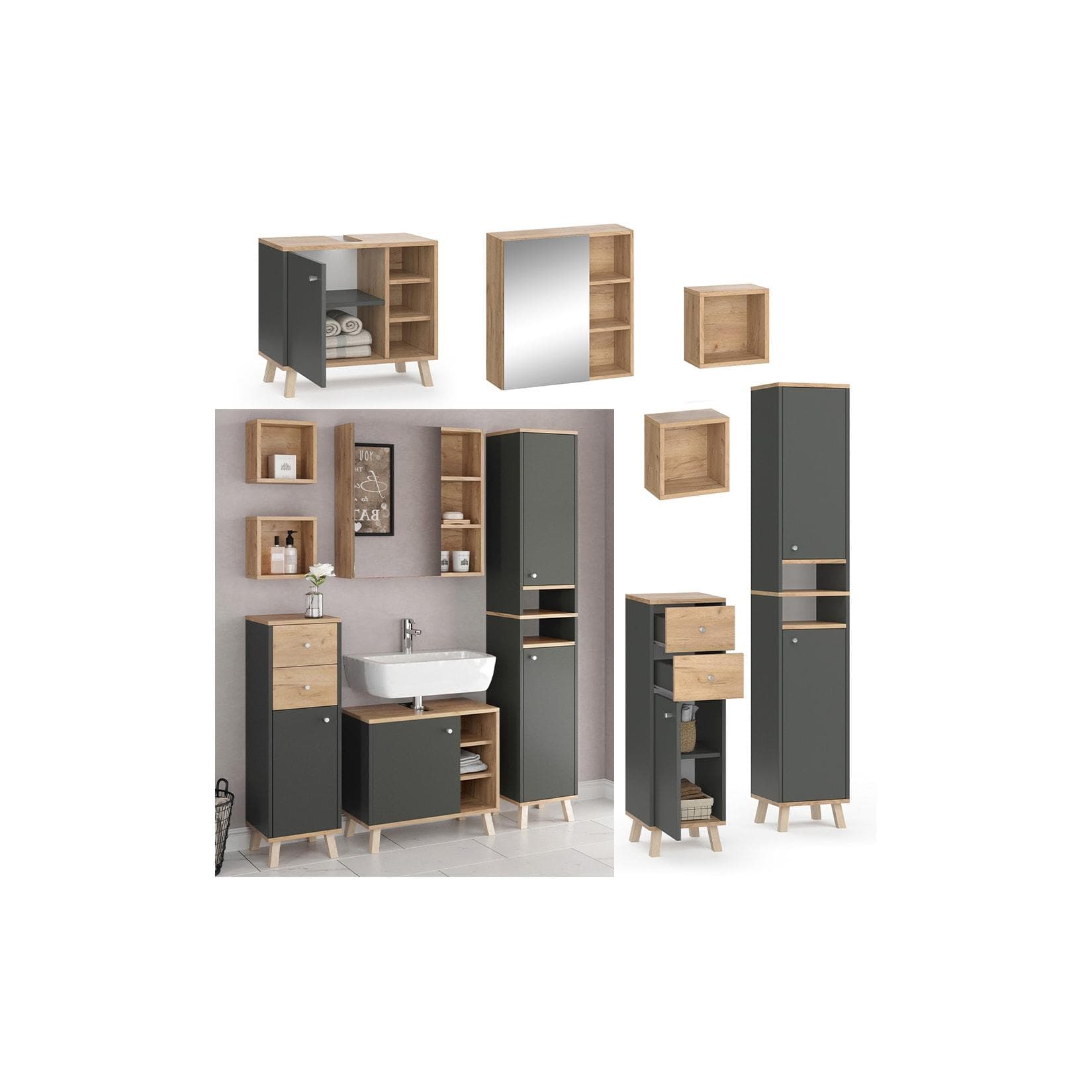 Anthrazit/Goldkraft Eiche Badmöbel-Set - 5 Teile