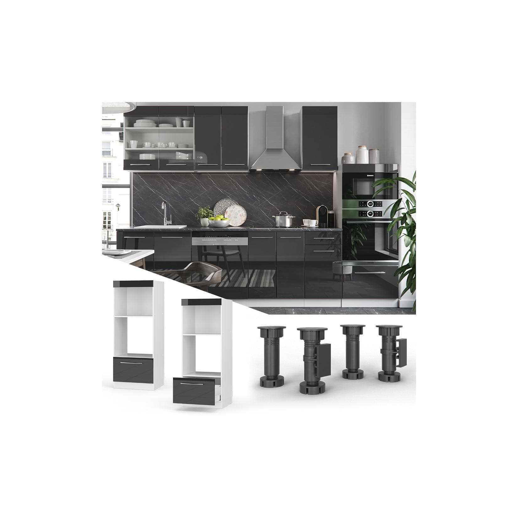 Anthrazit-Hochglanz Mikrowellenumbauschrank mit offener Front