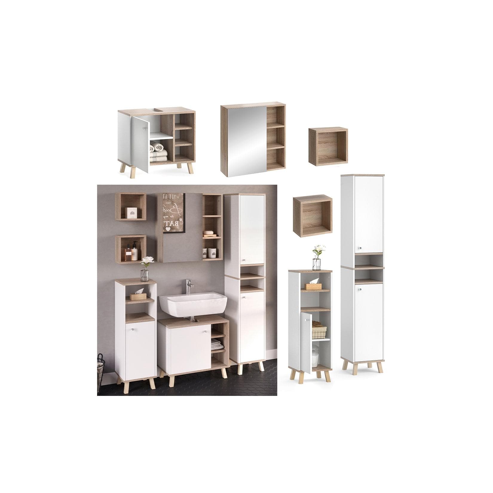Elegantes Badmöbel-Set in Weiß/Sonoma mit Hochschrank
