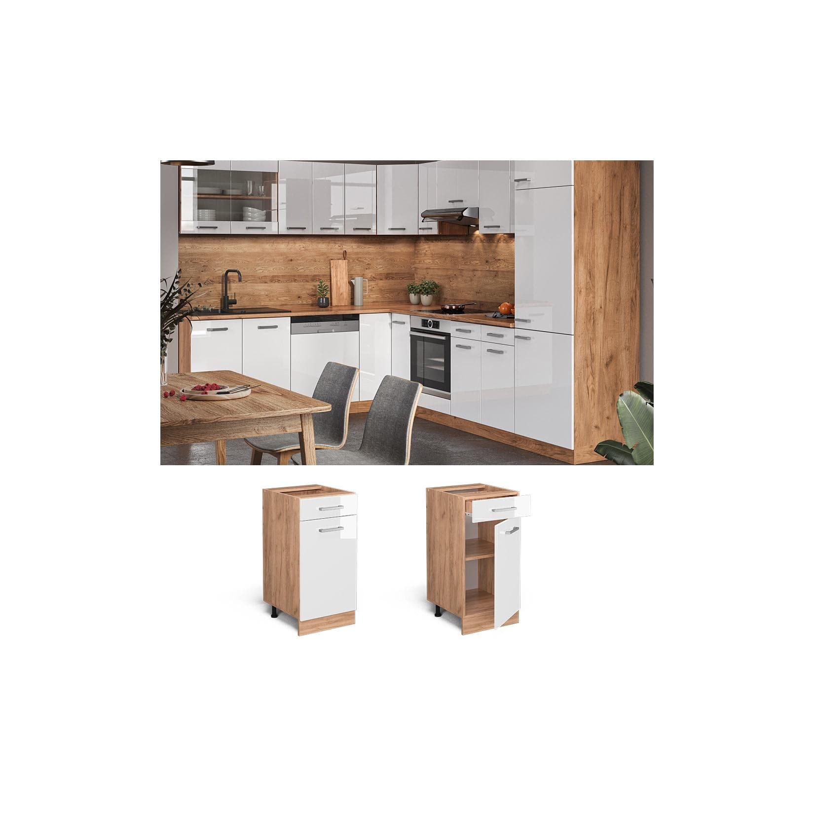 Hochglanz-Unterschrank Weiß/Goldkraft Eiche 40 cm