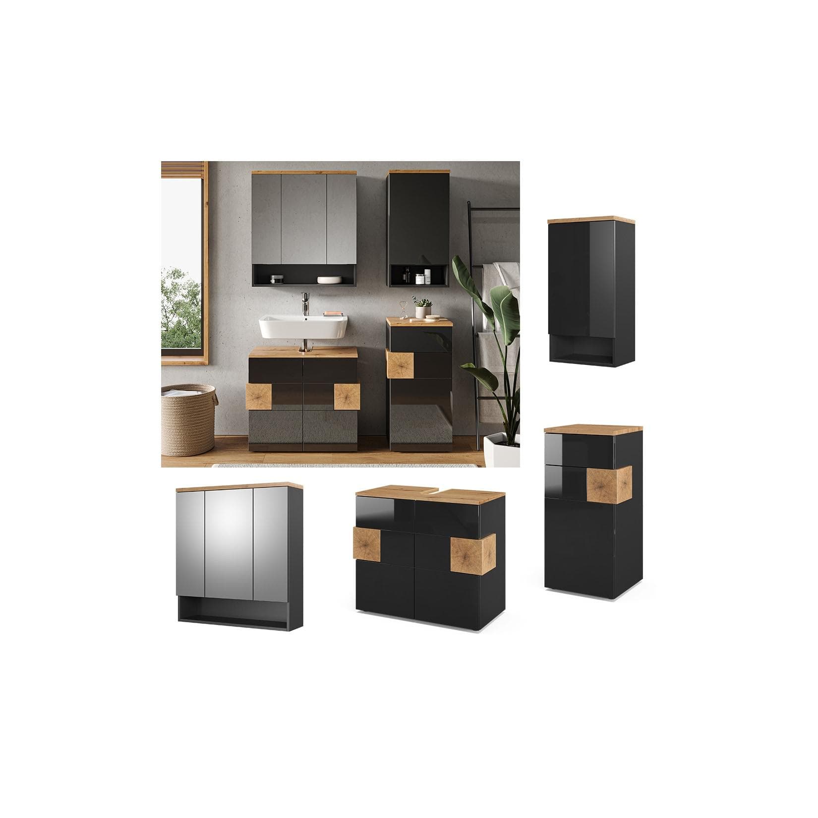Anthrazit/Artisan-Eiche Badmöbel-Set - 4-teilig