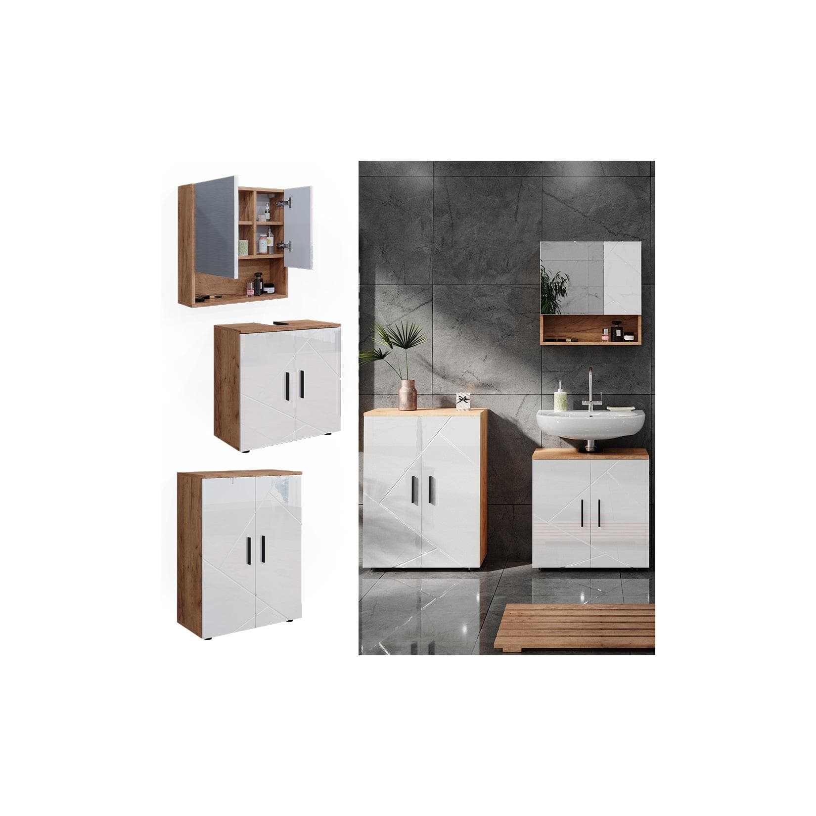 Eichenholz-Badmöbel Set Weiß Hochglanz - 3-teilig mit Unterschrank