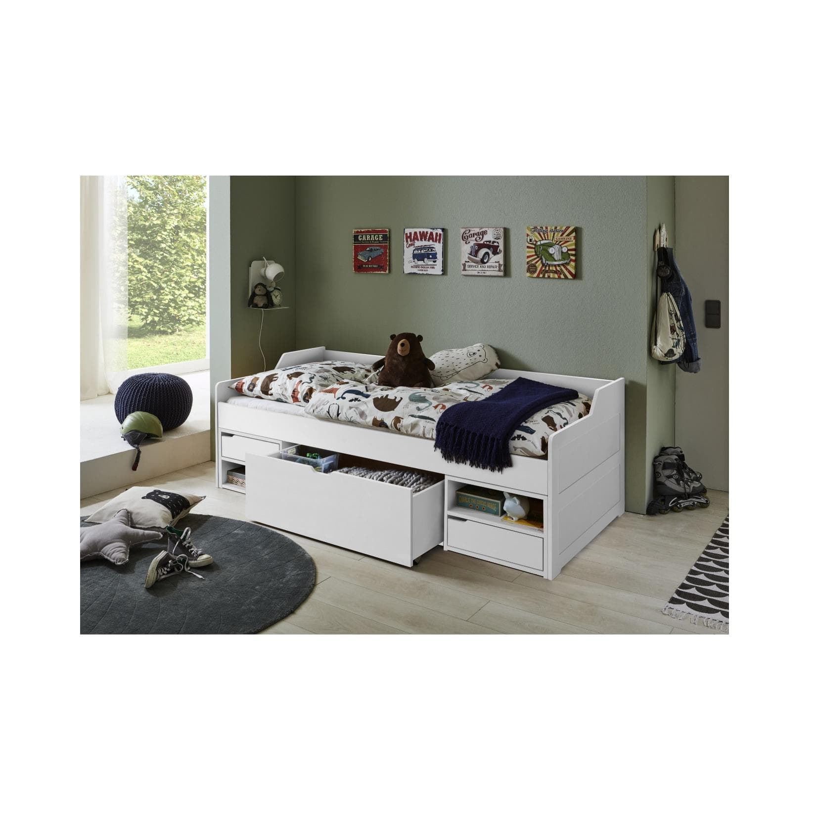 Funktionsbett mit Rollrost, Schubladen und Fächern