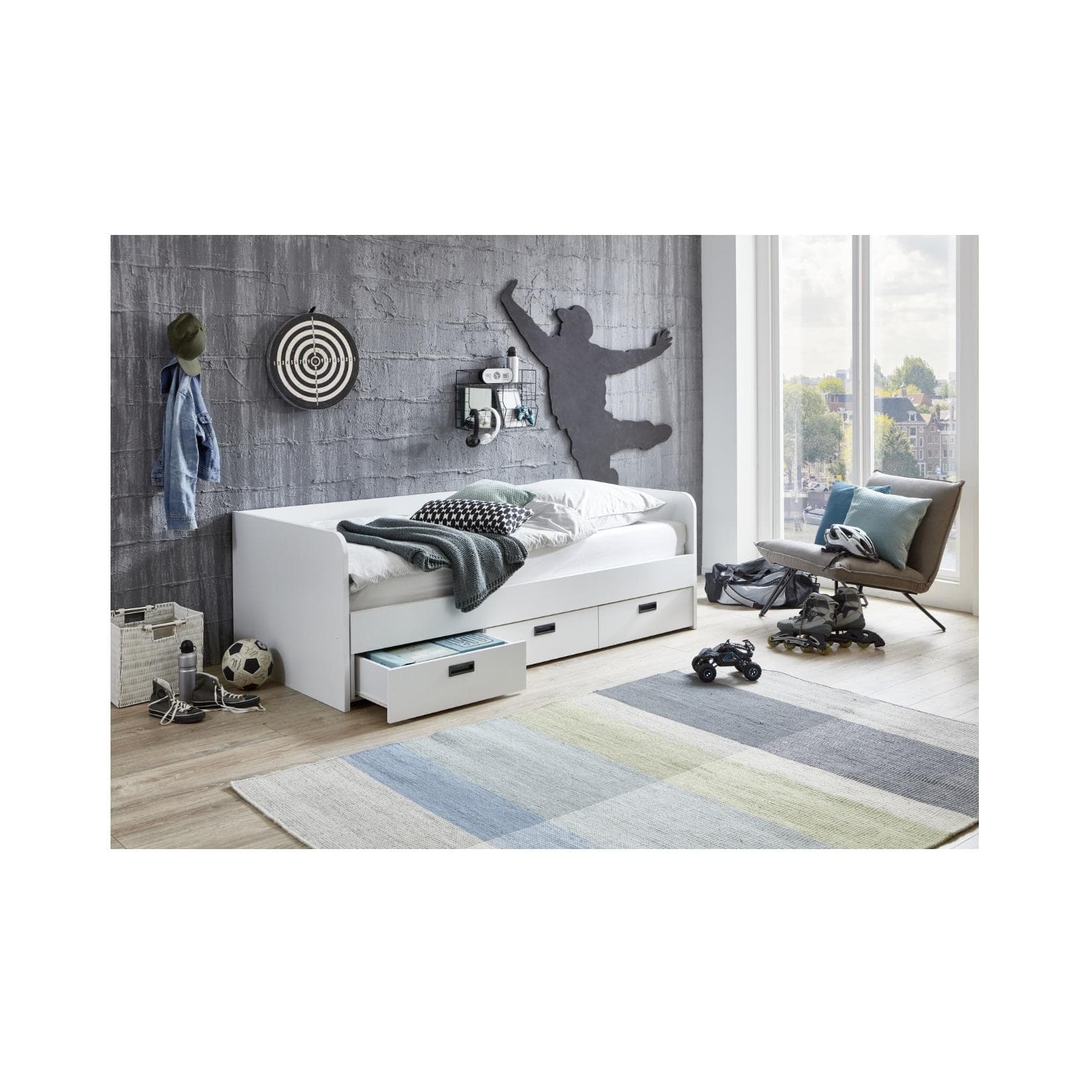 Ausziehbares Einzelbett mit Lattenrost und Stauraum