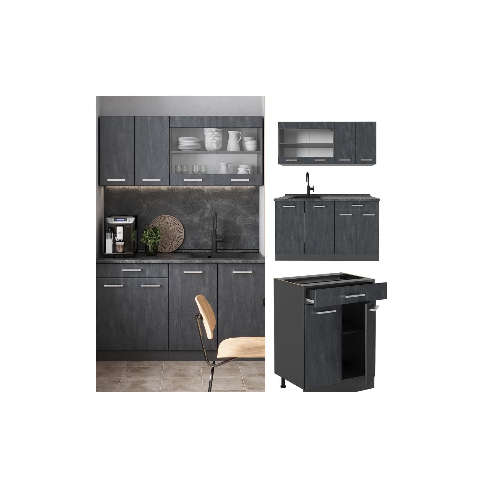 Vicco Küchenzeile R-Line, Schwarz Beton/Anthrazit, 140 cm ohne Arbeitsplatte