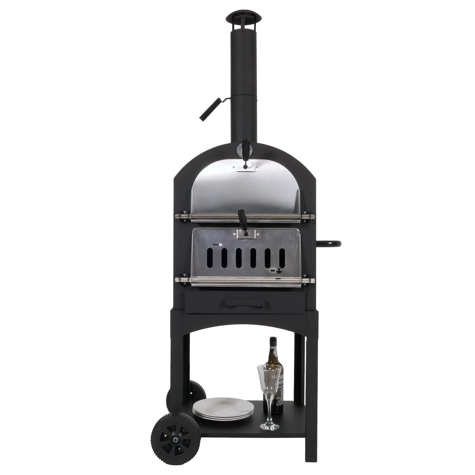 Holzkohlegrill MCW-N15 Pizzaofen Kaminofen Grillrost Holzkohlerost Pizzastein Stahl Schwarz