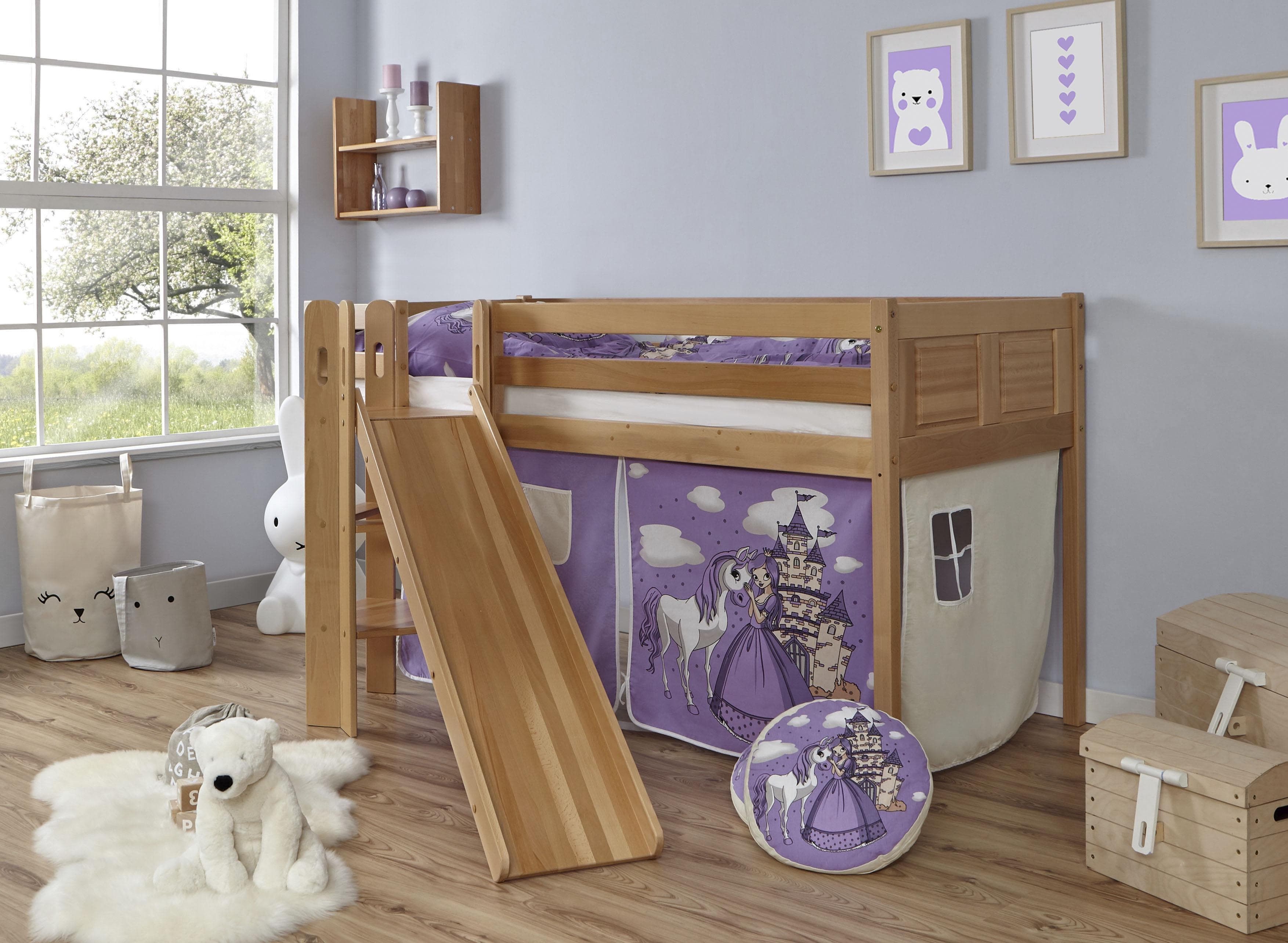 Ticaa Hochbett Ekki mit Rollrost und Textil-Set in Buche