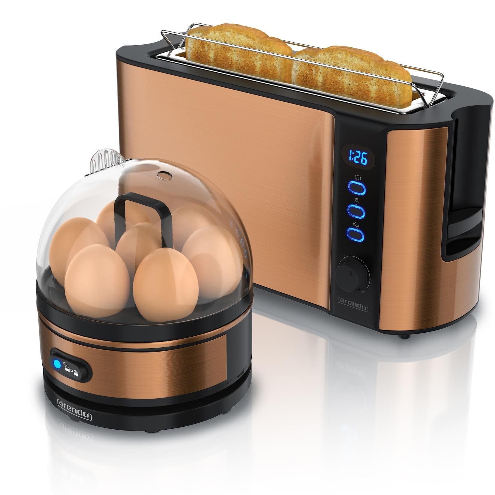 Arendo Toaster FRUKOST mit Eierkocher SEVENCOOK Edelstahl Kupfer, 2 Scheiben, LED-Display, 6 Bräunungsgrade, Brötchenhalter