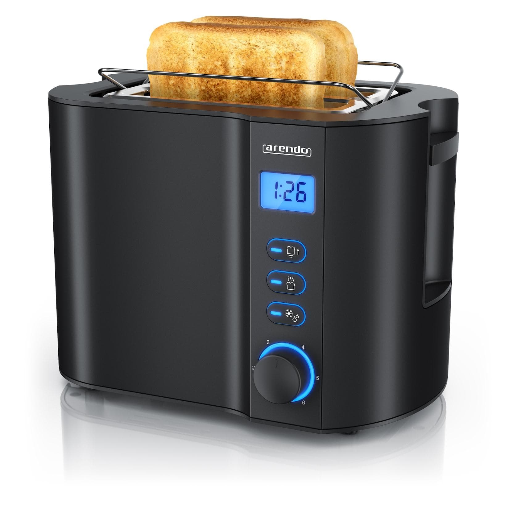 Arendo 2-Scheiben Toaster mit 6 Bräunungsstufen, LCD-Display, 800 Watt, Auftaufunktion, Brötchenaufsatz, Schwarz