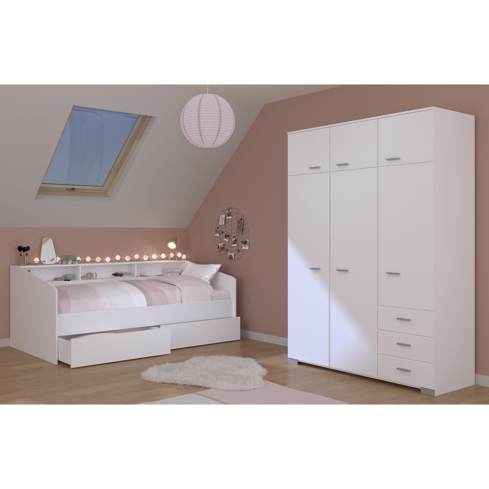 Jugendzimmer-Set mit Bett, Kleiderschrank und Schubkästen - Weiß/Eiche