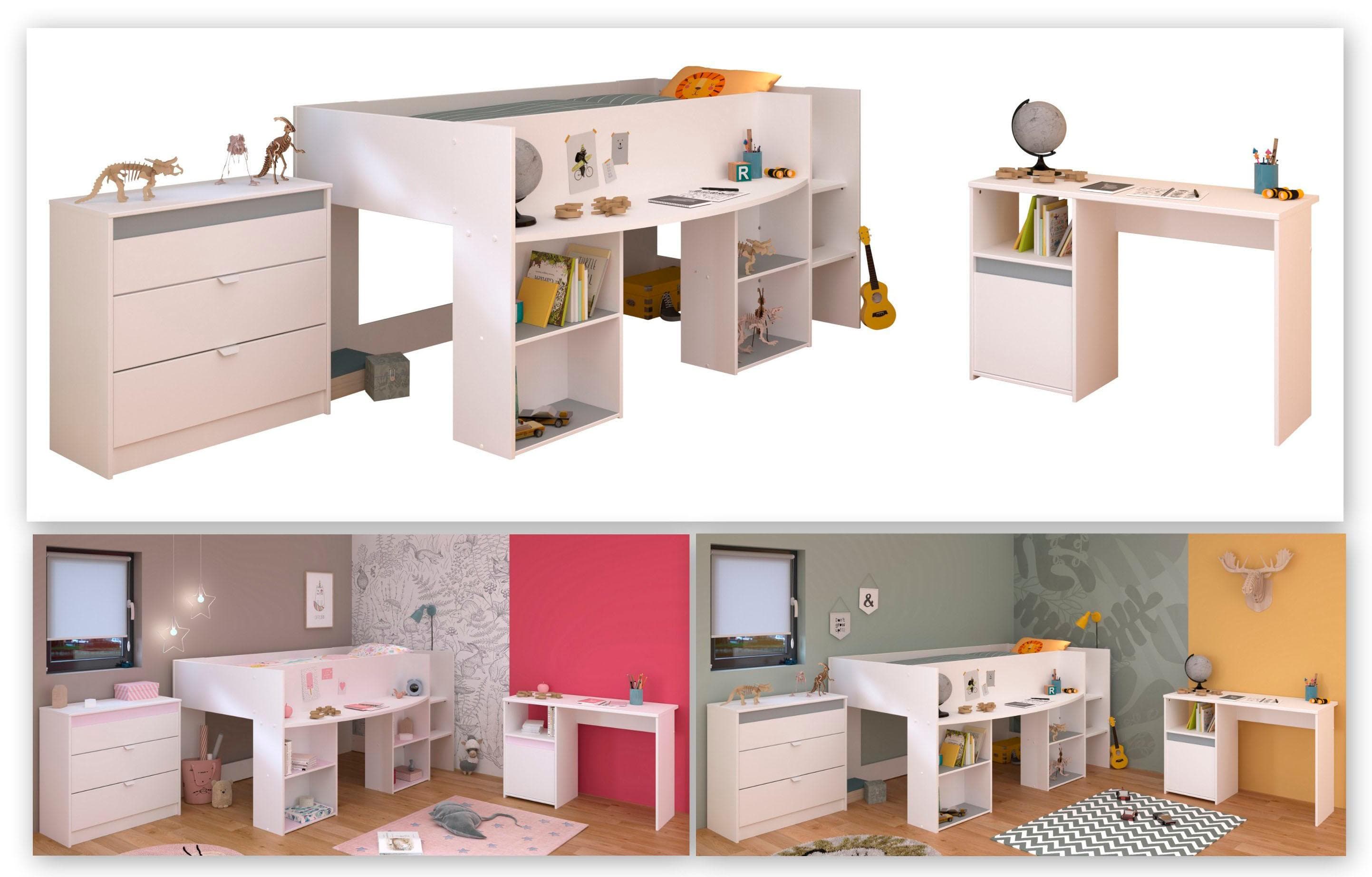 Jugendzimmer-Set PARISOT, weiß, Hochbett mit Schreibtisch und Kommode