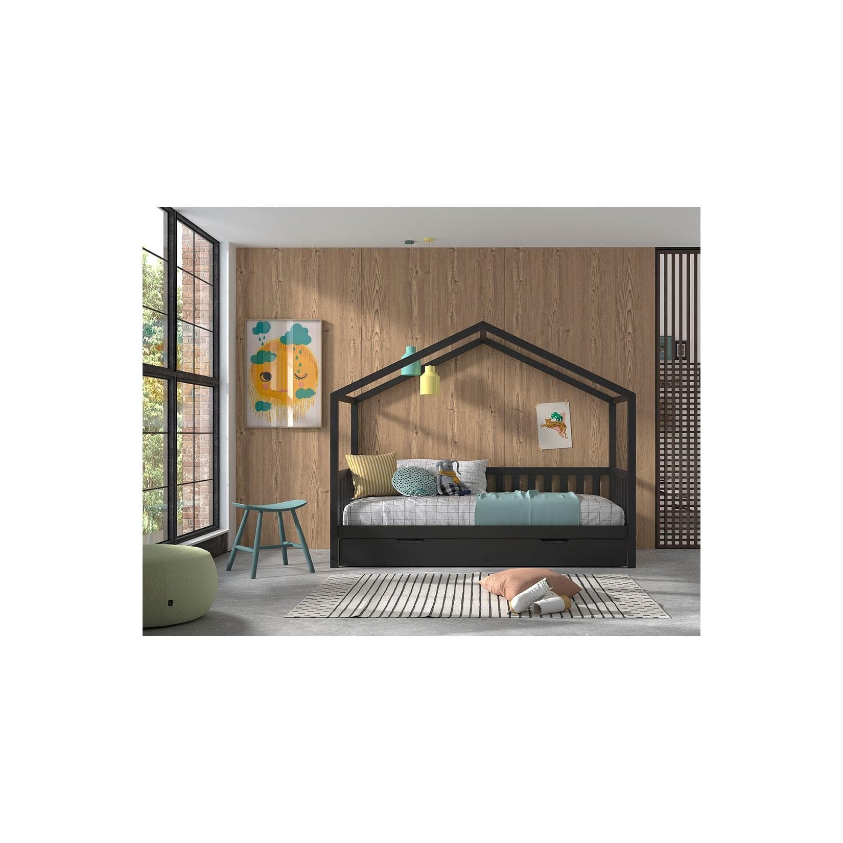 Kiefer Hausbett Anthrazit mit Rollrost (90x200 cm)