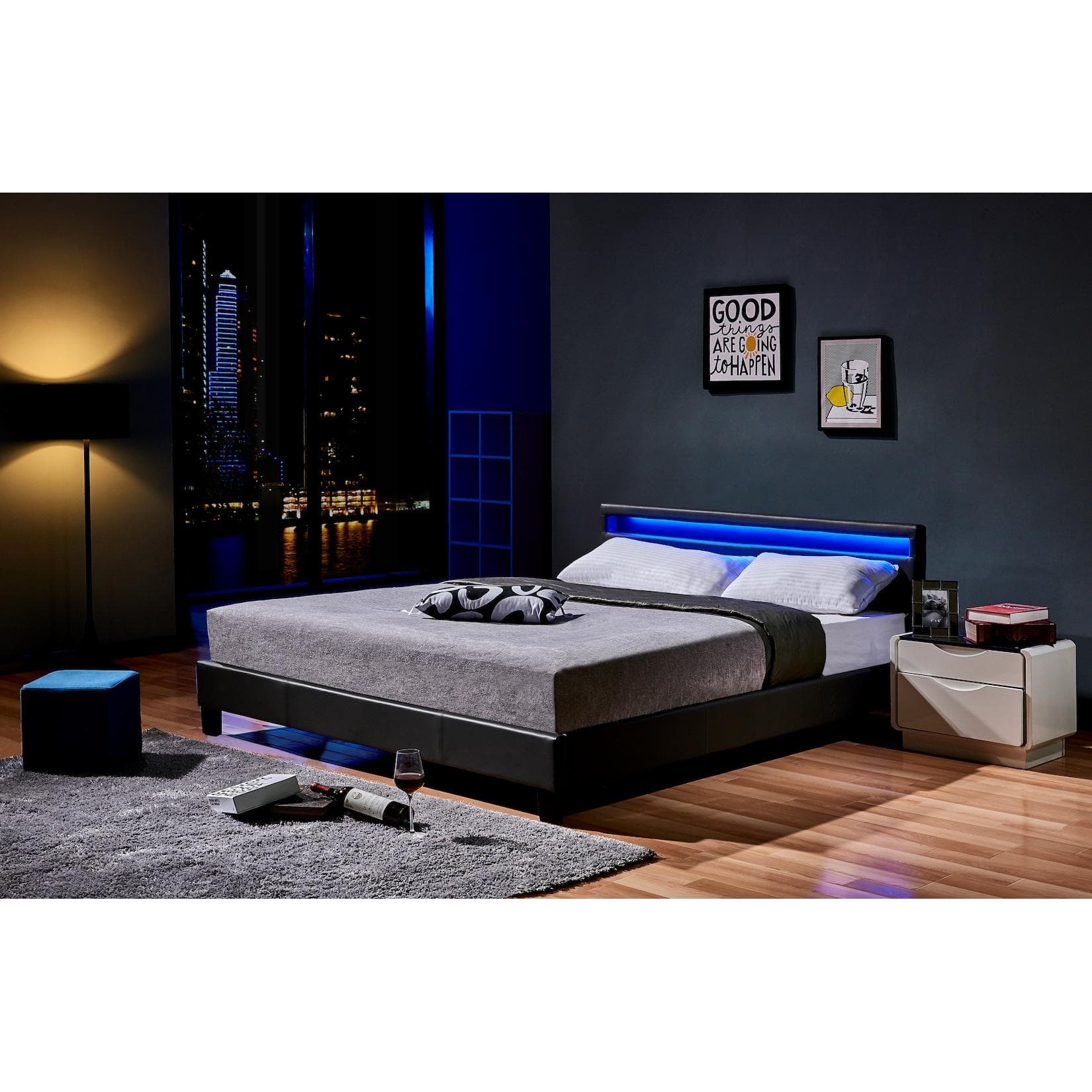 LED Bett mit extra großem gepolstertem Kopfteil - mit oder ohne Matratze