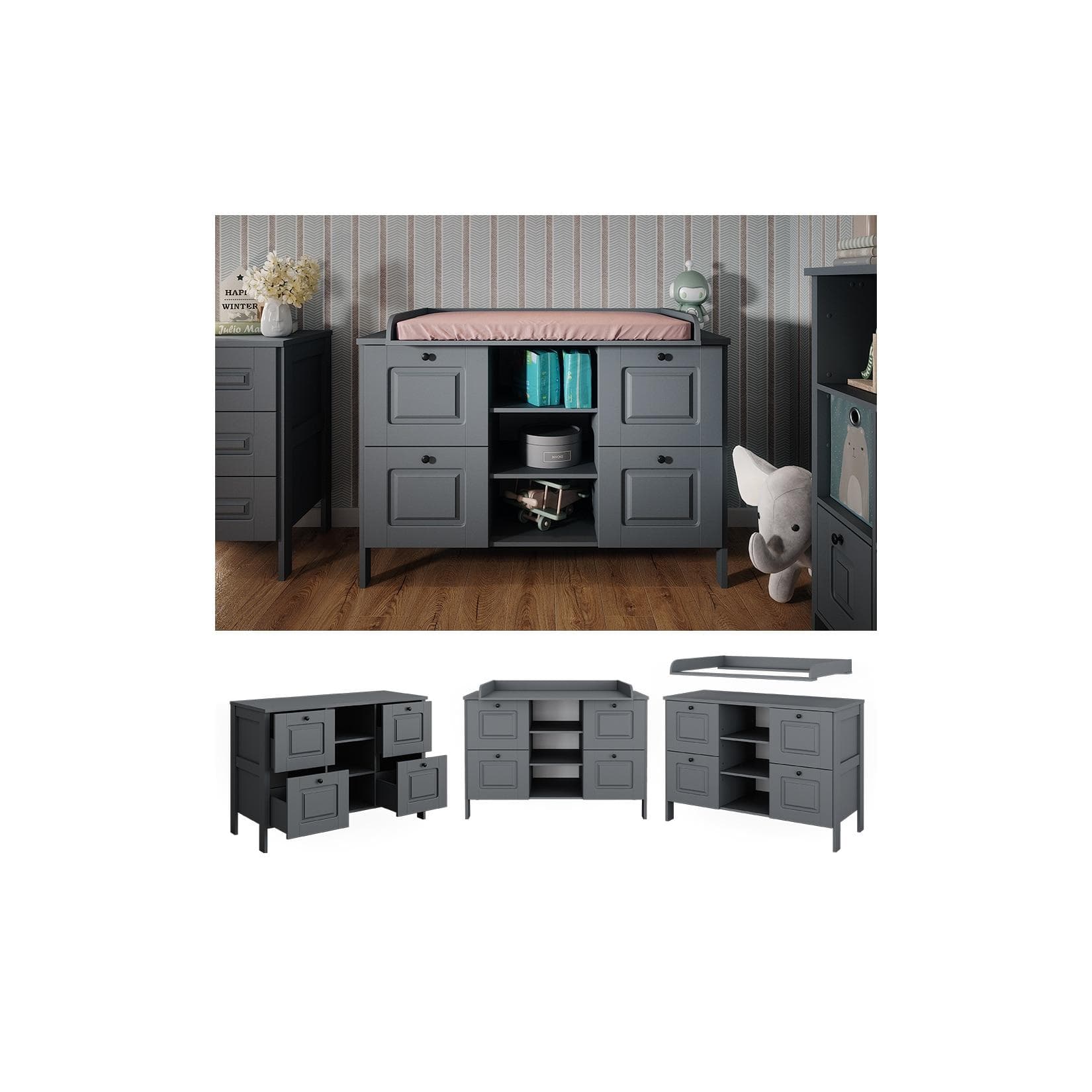 Wickelkommode grau mit 4 Schubladen