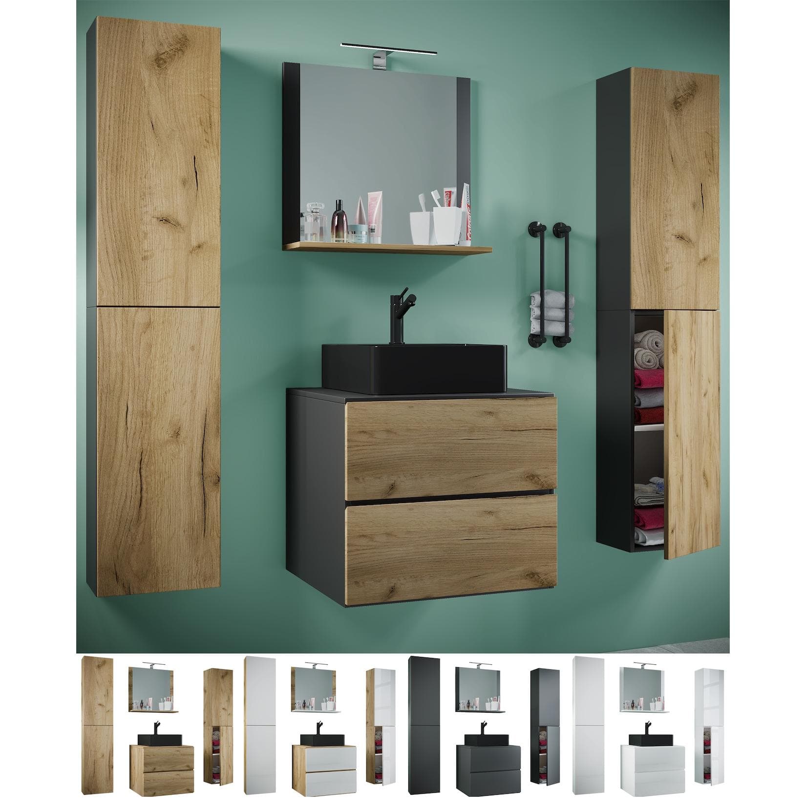 VCM 5-tlg. Waschplatz Waschtisch Set mit schwarzem Waschbecken Unterschrank Breite 60 cm