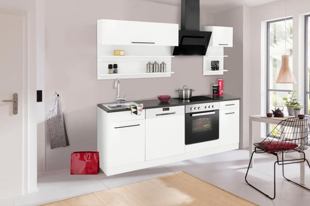 Küchenzeile ohne Elektrogeräte - schwarze Metallgriffe & MDF-Fronten