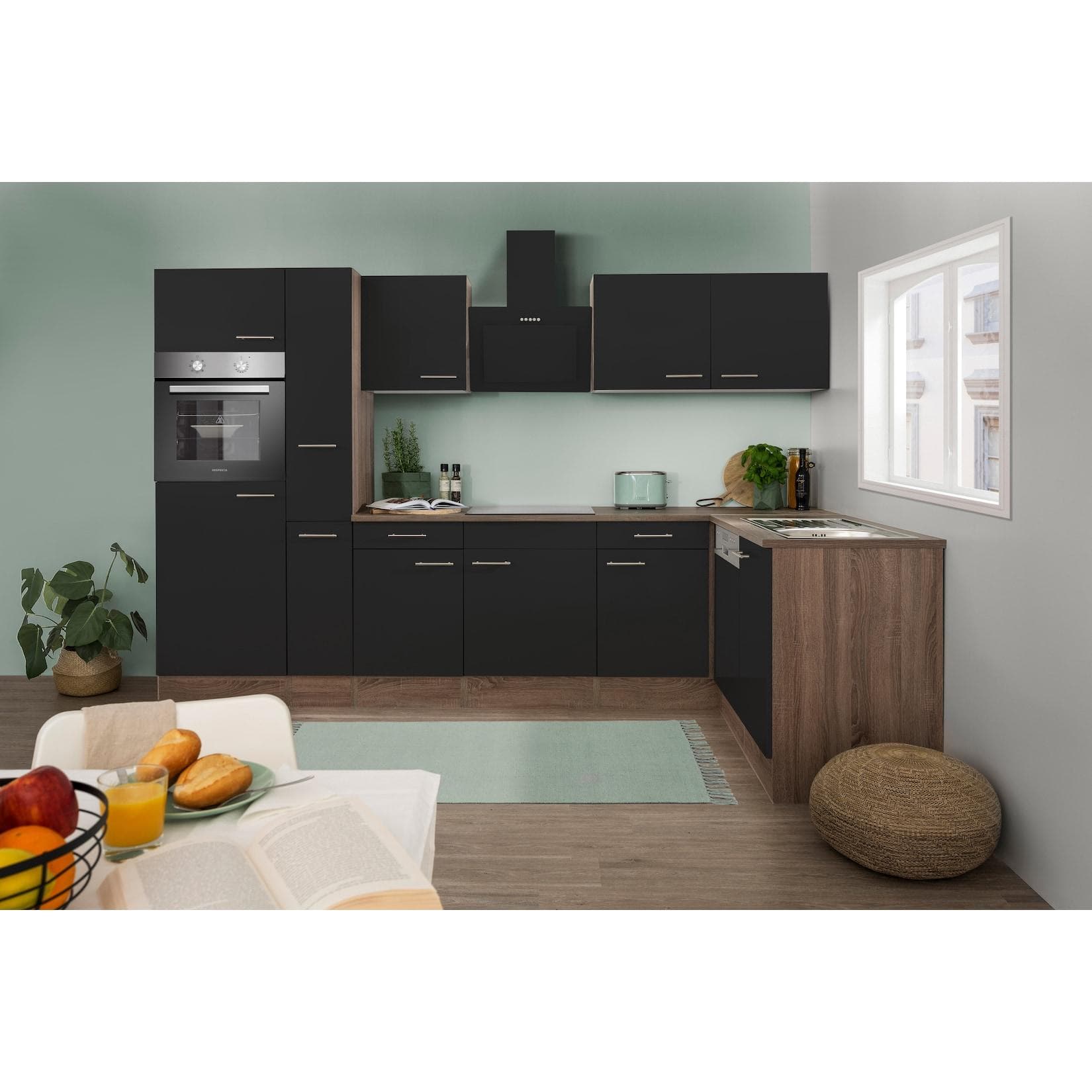 Respekta Küchenprogramm Eiche York Winkelküche 310 cm inkl. E-Geräte & Mineralite Einbauspüle Schwarz