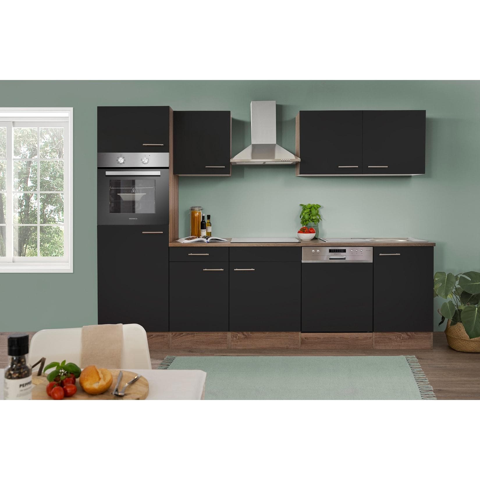 Respekta Küchenprogramm Eiche York Küchenzeile 280 cm inkl. E-Geräte & Mineralite Einbauspüle, Schwarz