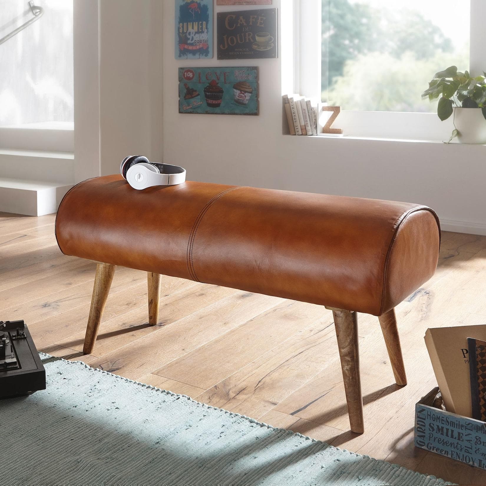 Moderne Echtleder-Sitzbank - Massivholzbank für Flur & Eingangsbereich