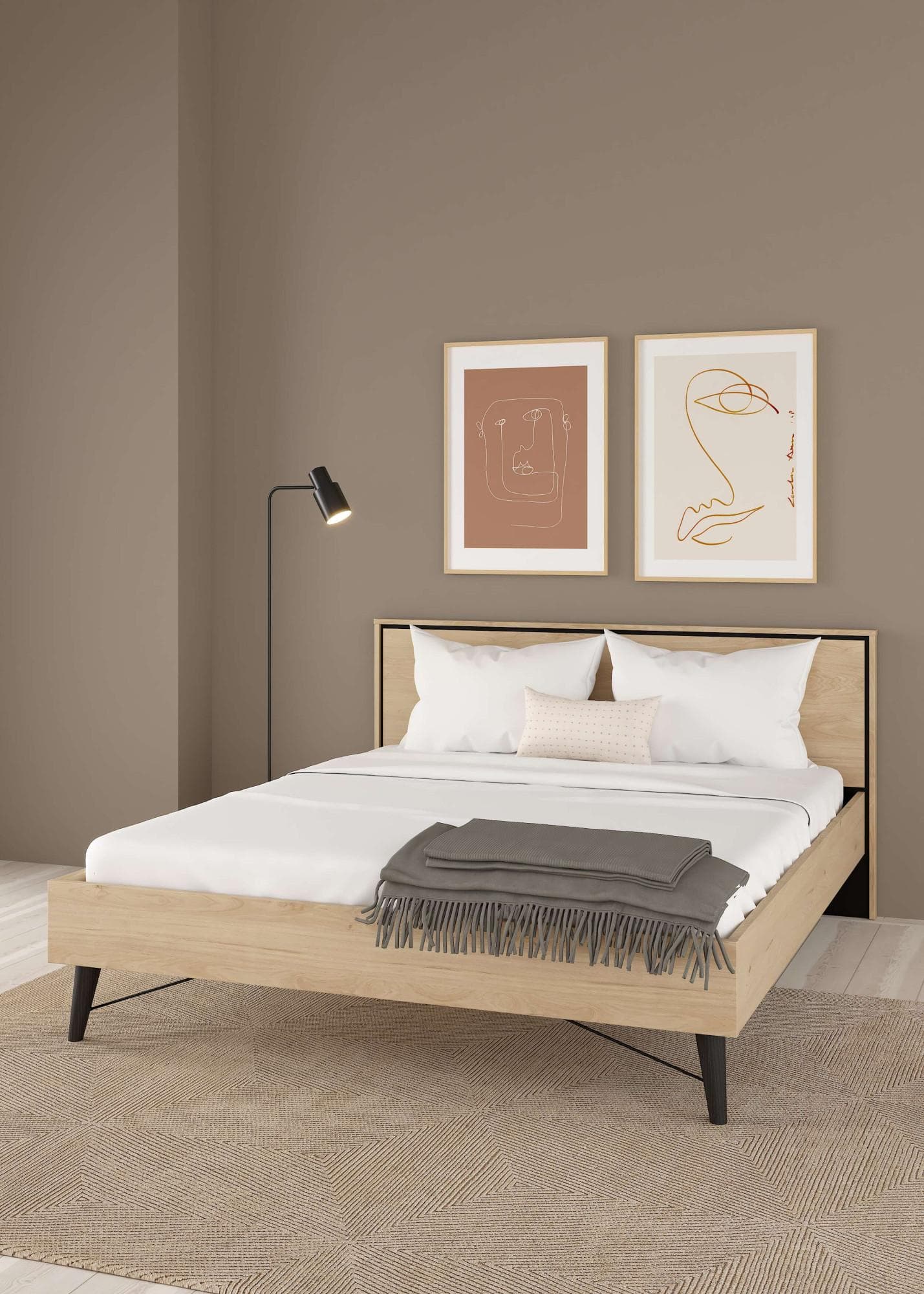 Doppelbett mit hohem Kopfteil und Holzbeinen