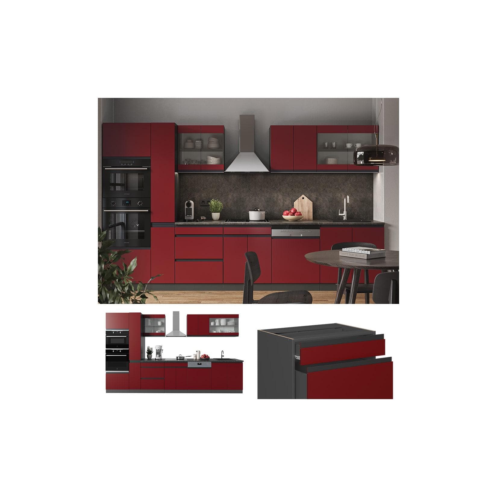 R-Line Küchenzeile Rot/Anthrazit - J-Form mit Hochschrank