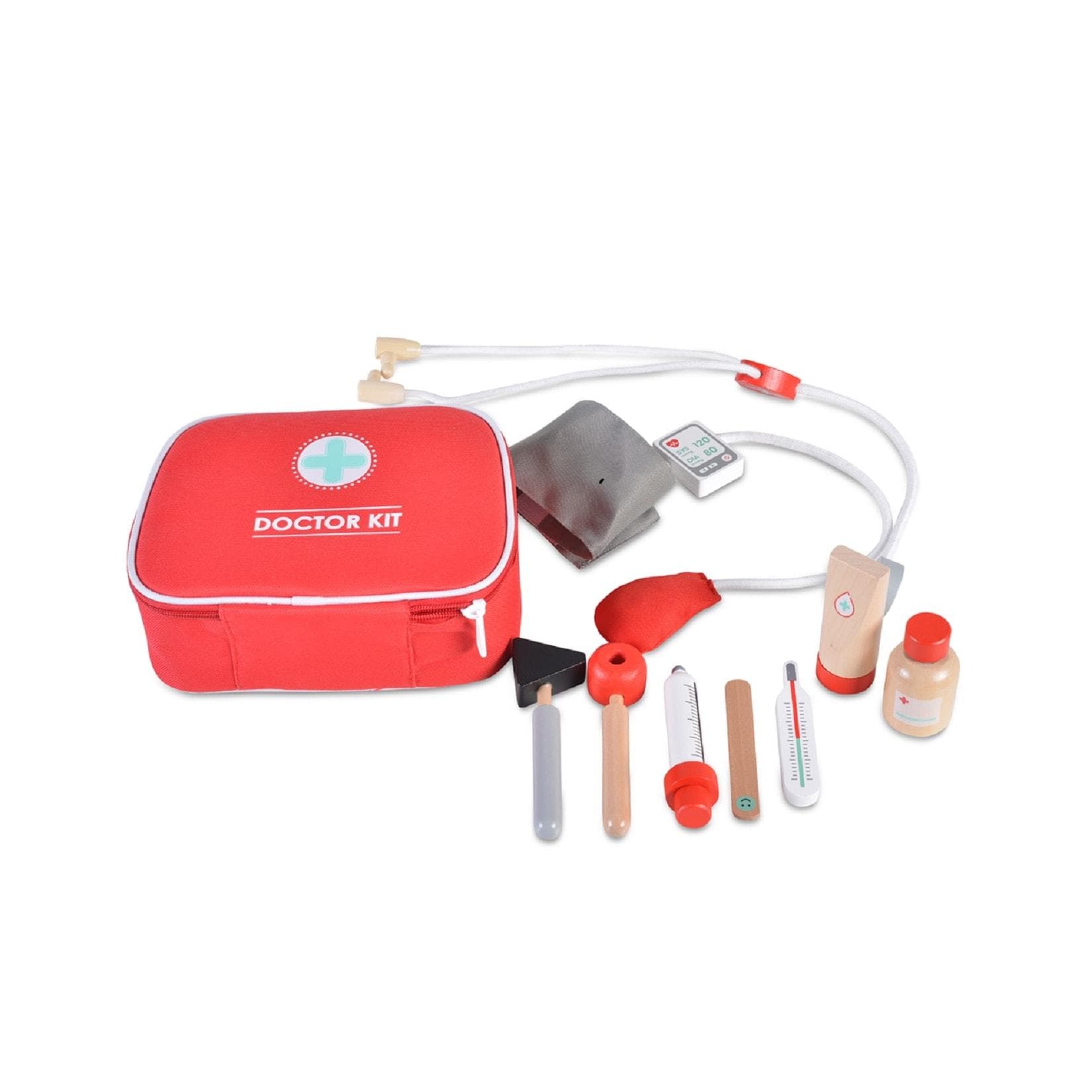 Moni Holzspielzeug Erste Hilfe Set 4501 Arztkoffer 10-tlg. Tasche Thermometer Rot