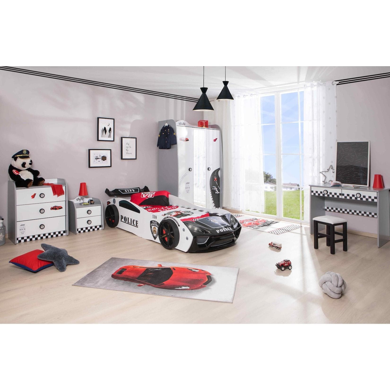 Aileenstore Jugendzimmer-Set Police: Weißes 5-Teiliges Set mit Autobett und LED