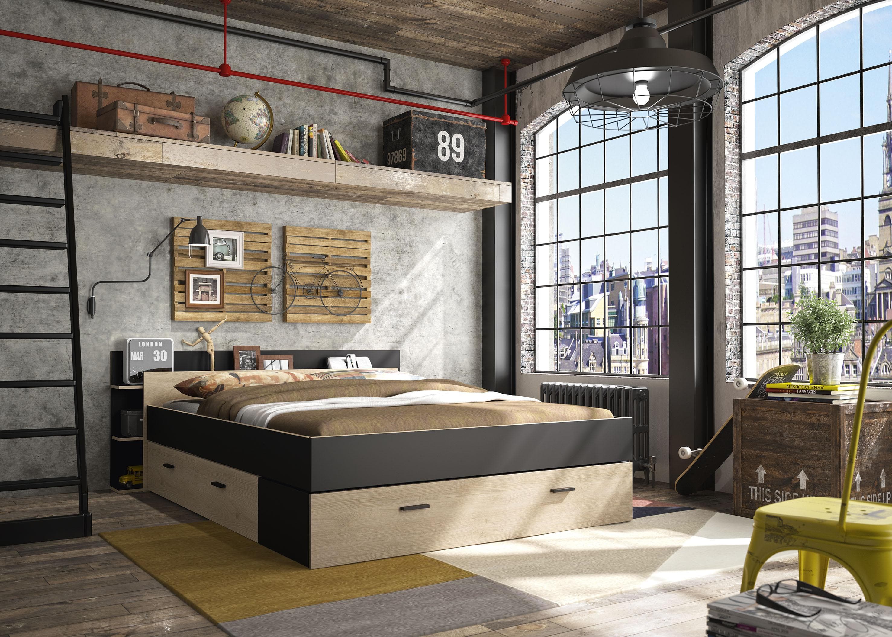 Stauraumbett GAMI Tonight Kastanie Natur Schwarz 191x221cm