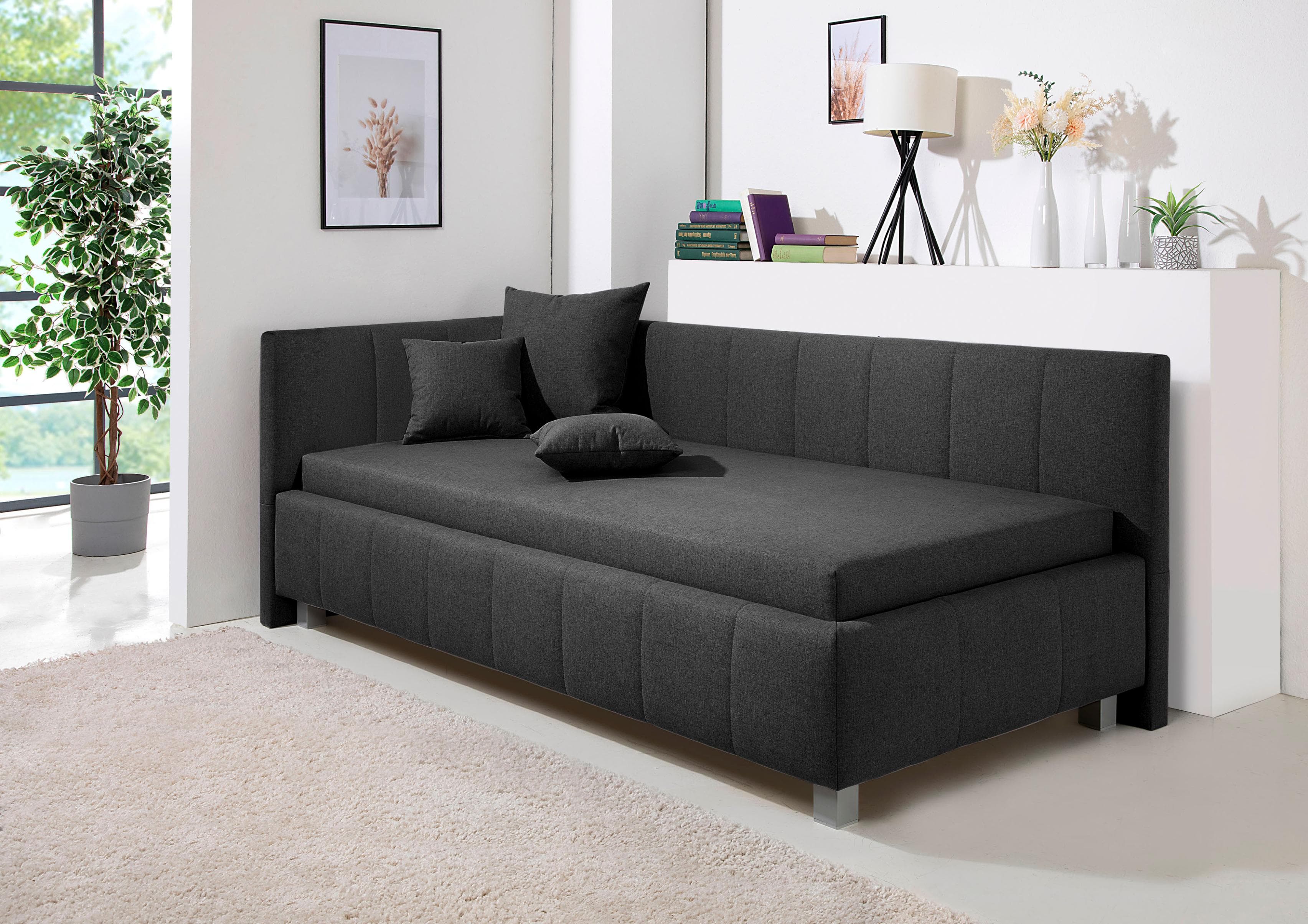 Polsterliege mit Kopfteil und Bettkasten - Federkern oder Bonell