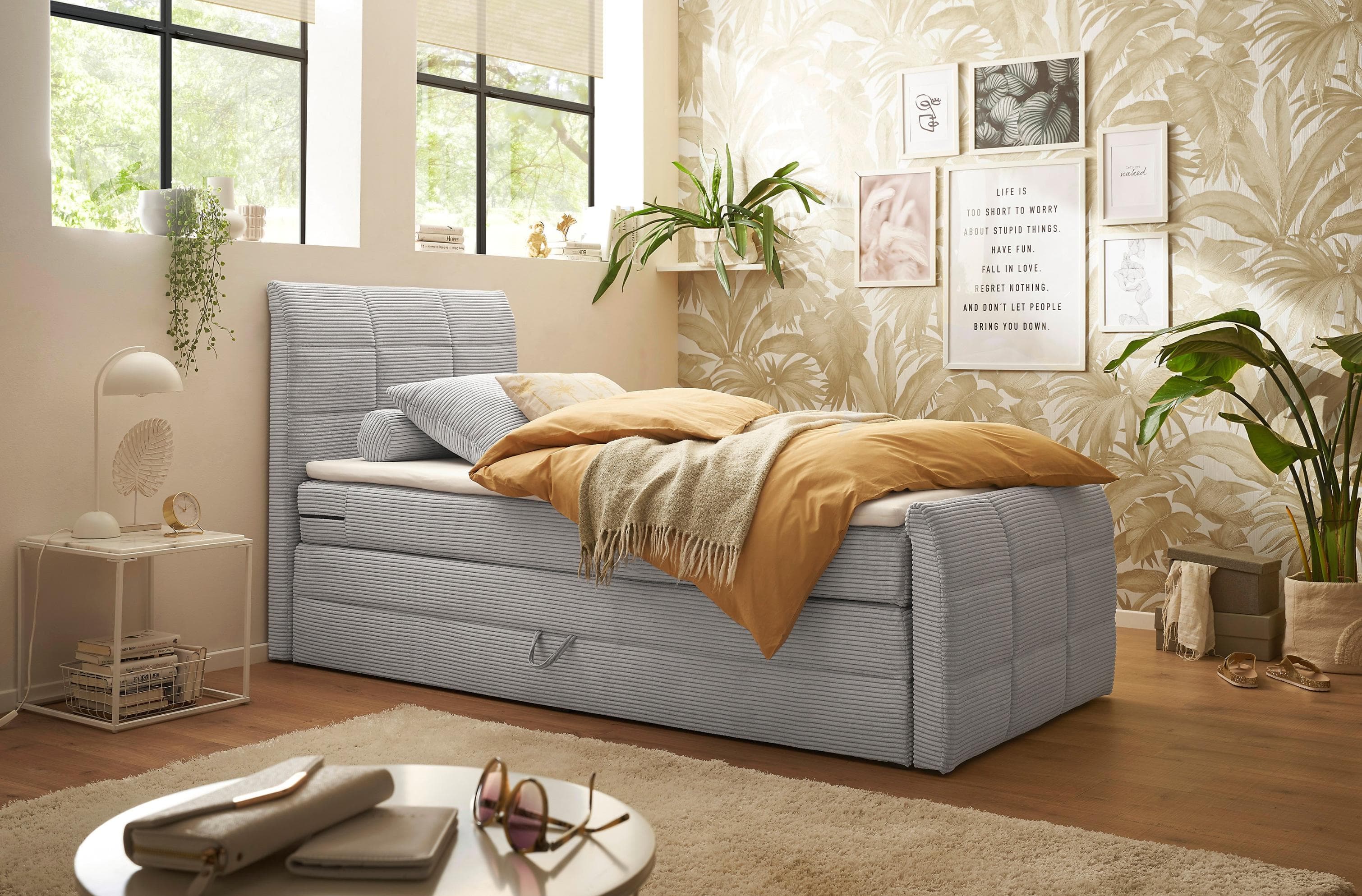 ED EXCITING DESIGN Boxspringbett Bolivia Grau mit Kokosmatte und Filzabdeckung