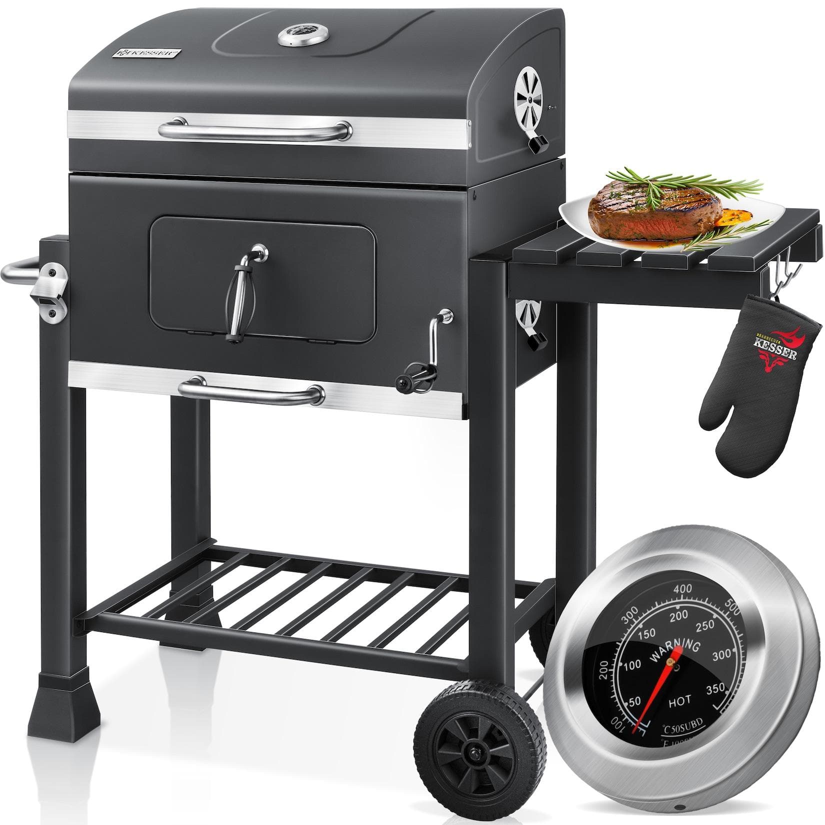 KESSER® Grillwagen XXL Holzkohlegrill mit Deckel, Rädern, Edelstahl-Griff, Grillrost und Thermometer