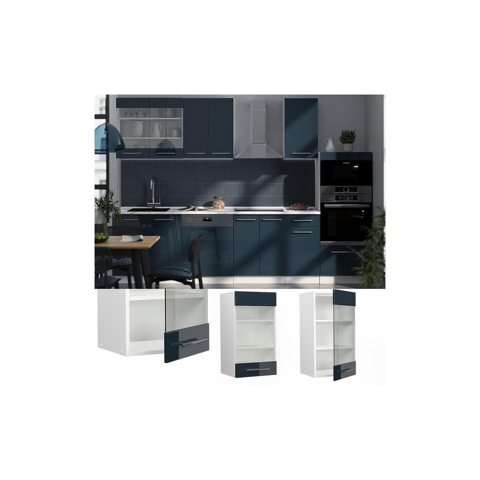 Glashängeschrank Dunkelblau Hochglanz / Weiß