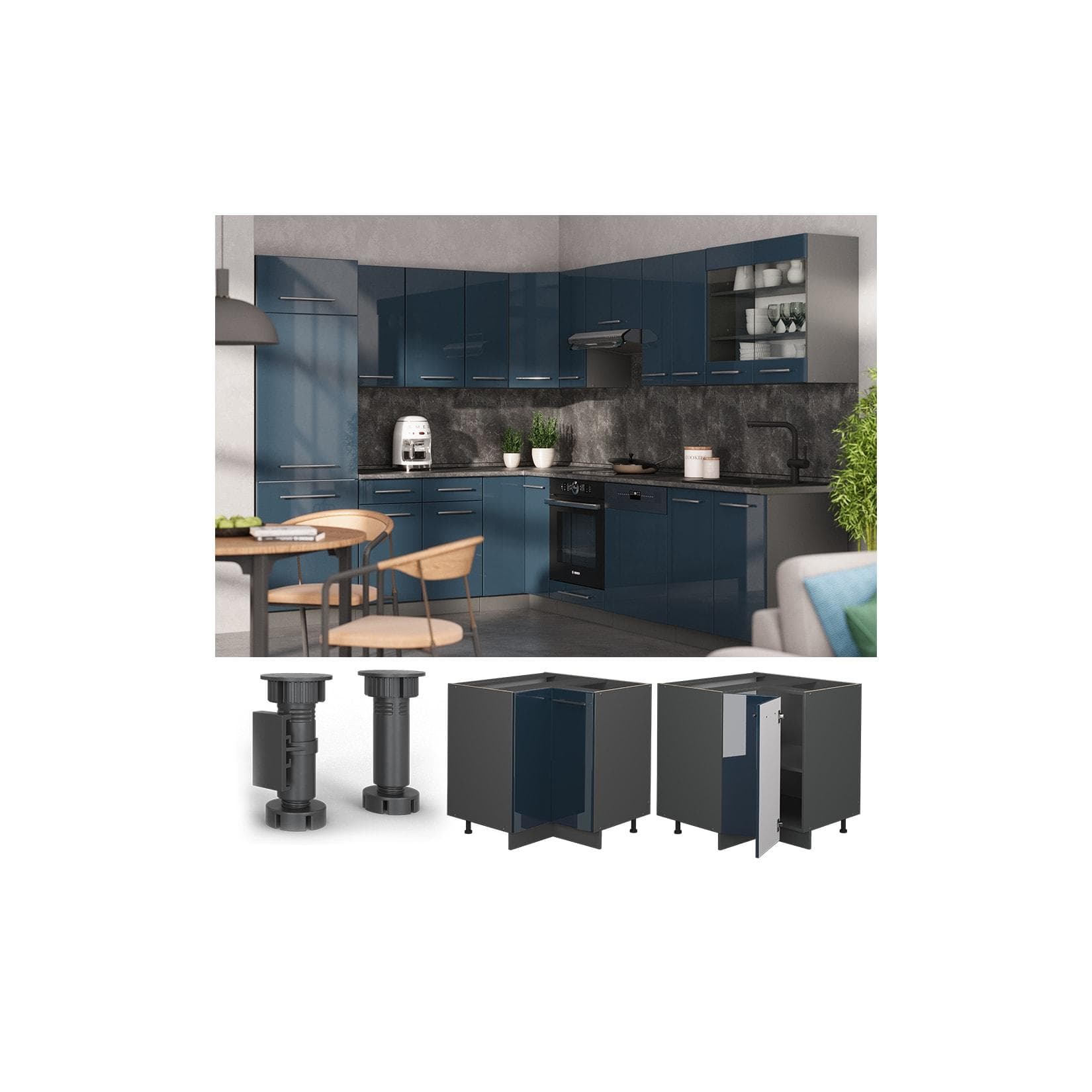 Dunkelblauer Hochglanz Eckunterschrank mit Anthrazit-Details