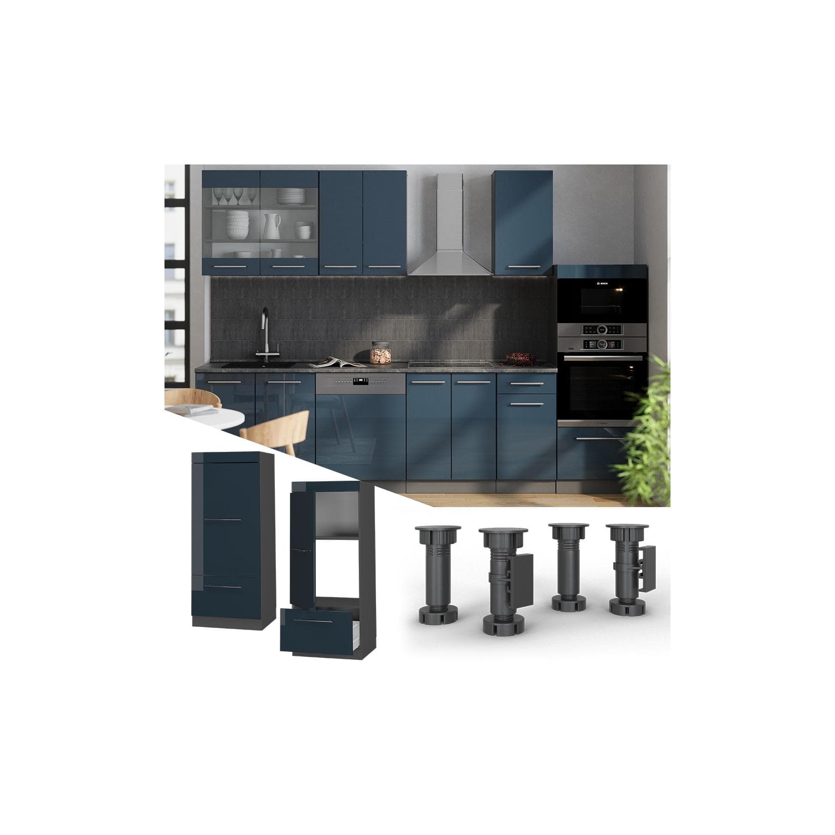 Dunkelblauer Hochglanz-Umbauschrank für Mikrowelle