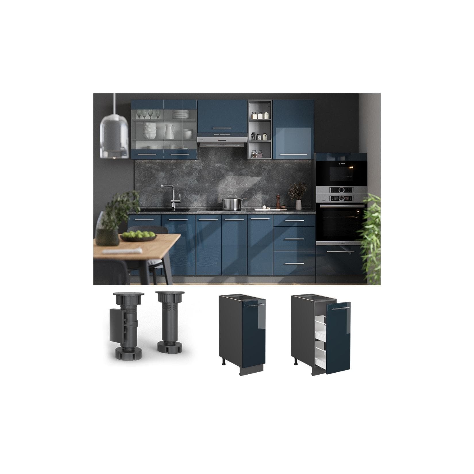 Apothekerschrank in Dunkelblau Hochglanz mit Anthrazit-Akzenten und Marmoroptik