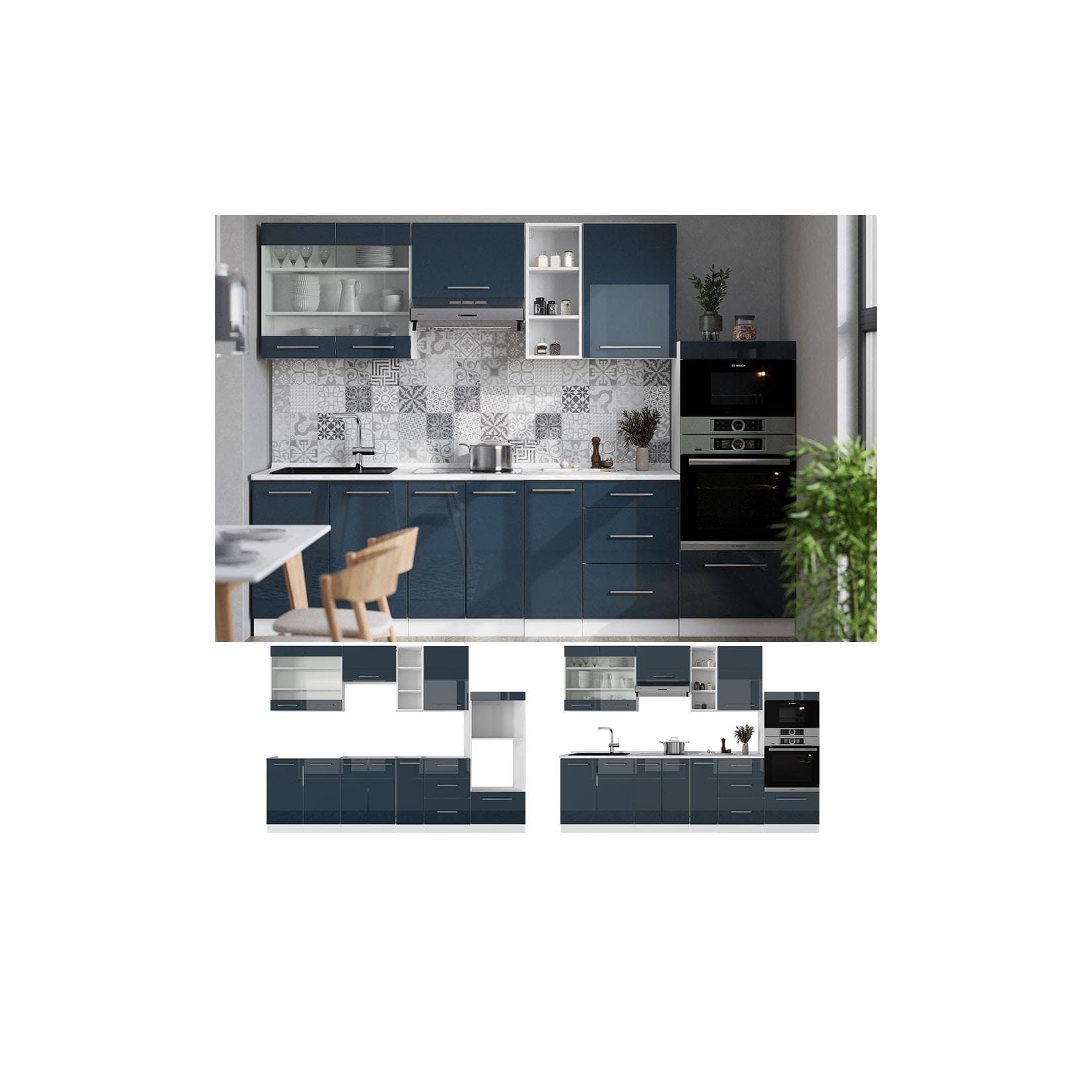 Dunkelblaue Hochglanz-Küche mit Weißer Arbeitsplatte und AP Marmor Optik