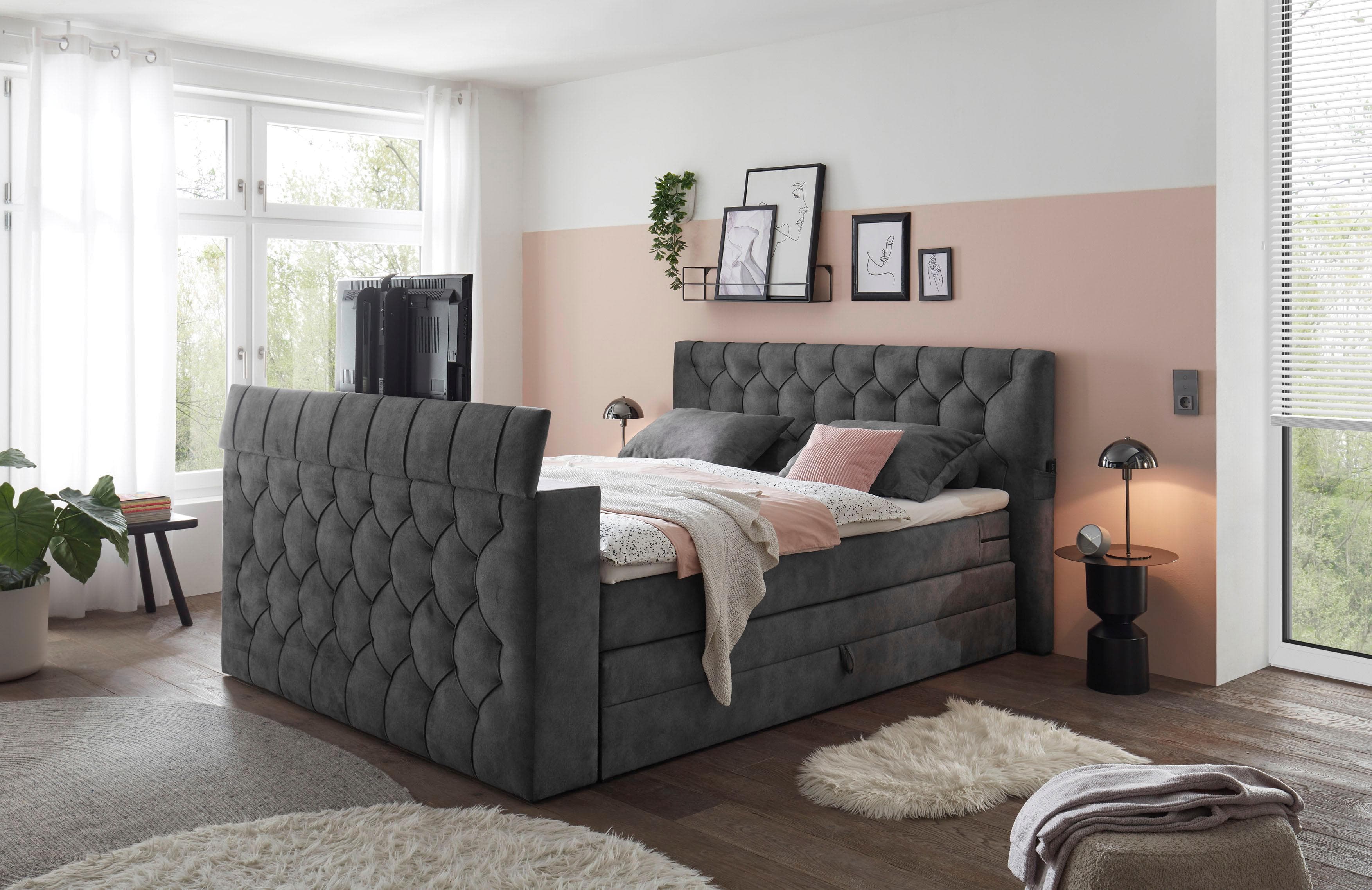 ED EXCITING DESIGN Springdale Boxspringbett mit Bettkasten und motorisierter TV-Halterung