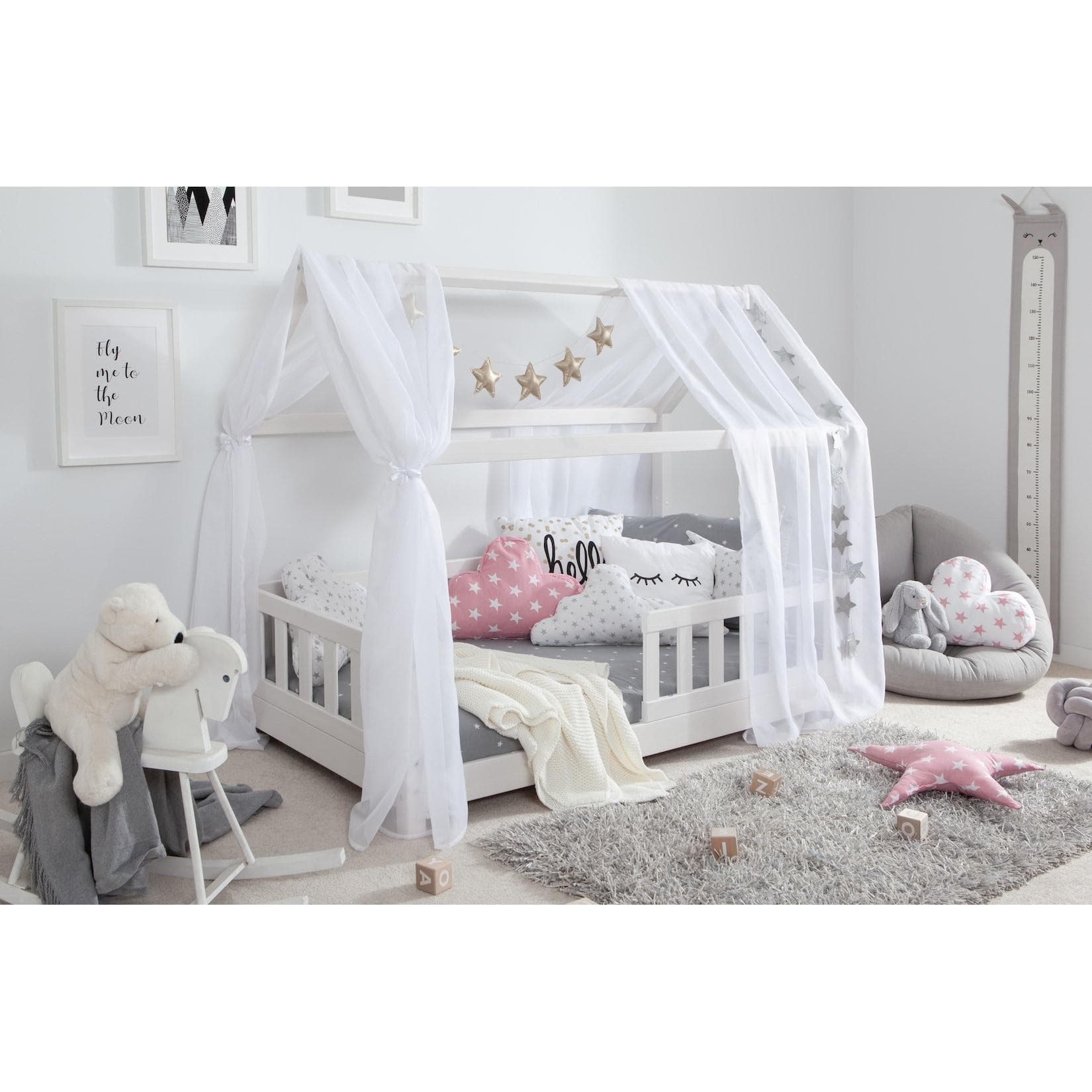 TiCAA Tüll-Betthimmel Set Weiß für Hausbett Kay