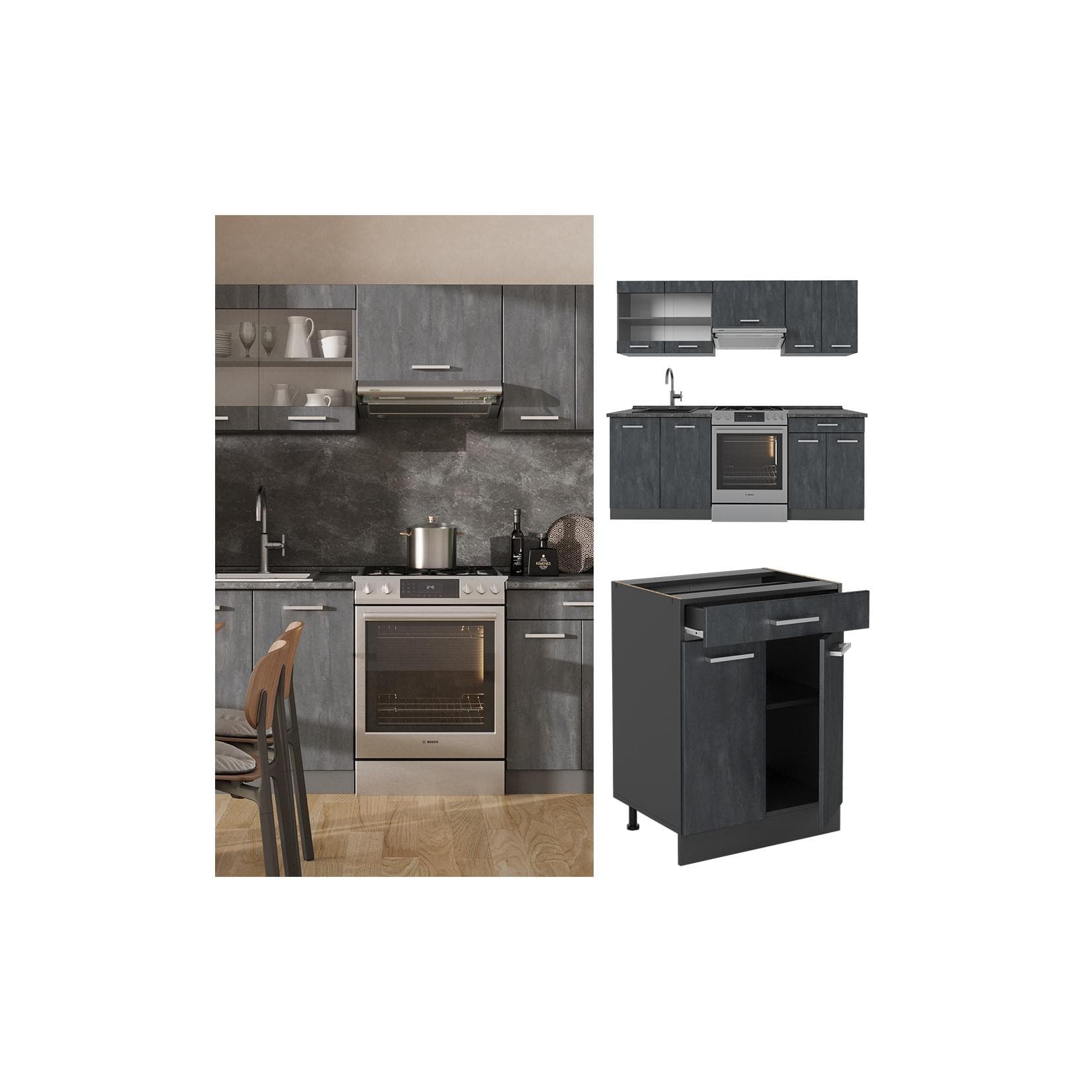 Vicco R-Line Küchenzeile Schwarz Beton/Marmor