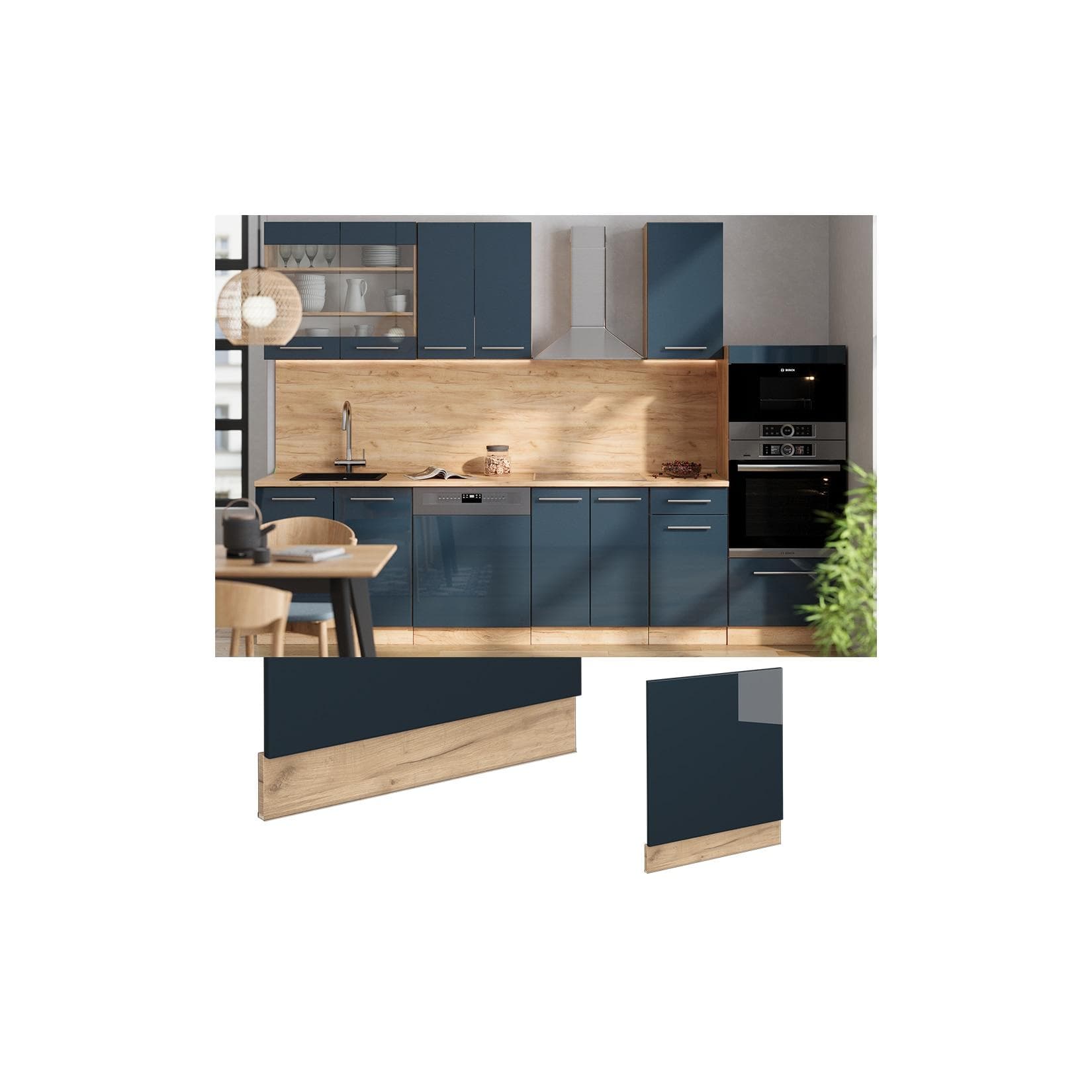 Hochglanz Frontblende Dunkelblau mit Goldkraft Eiche - AP Marmor Design