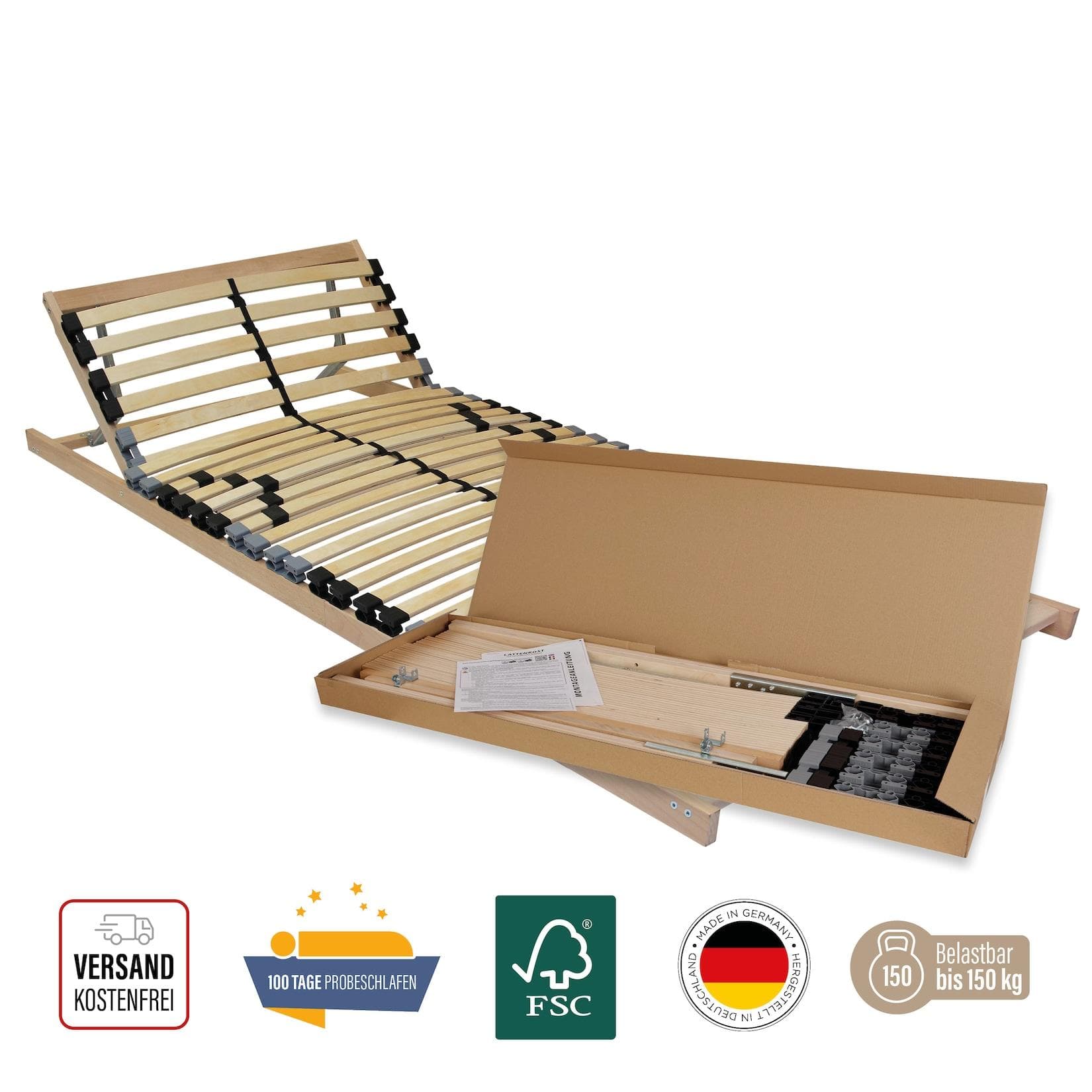Verstellbarer Lattenrost mit Kopfteil | 28 Leisten & 100 Tage Probeschlafen