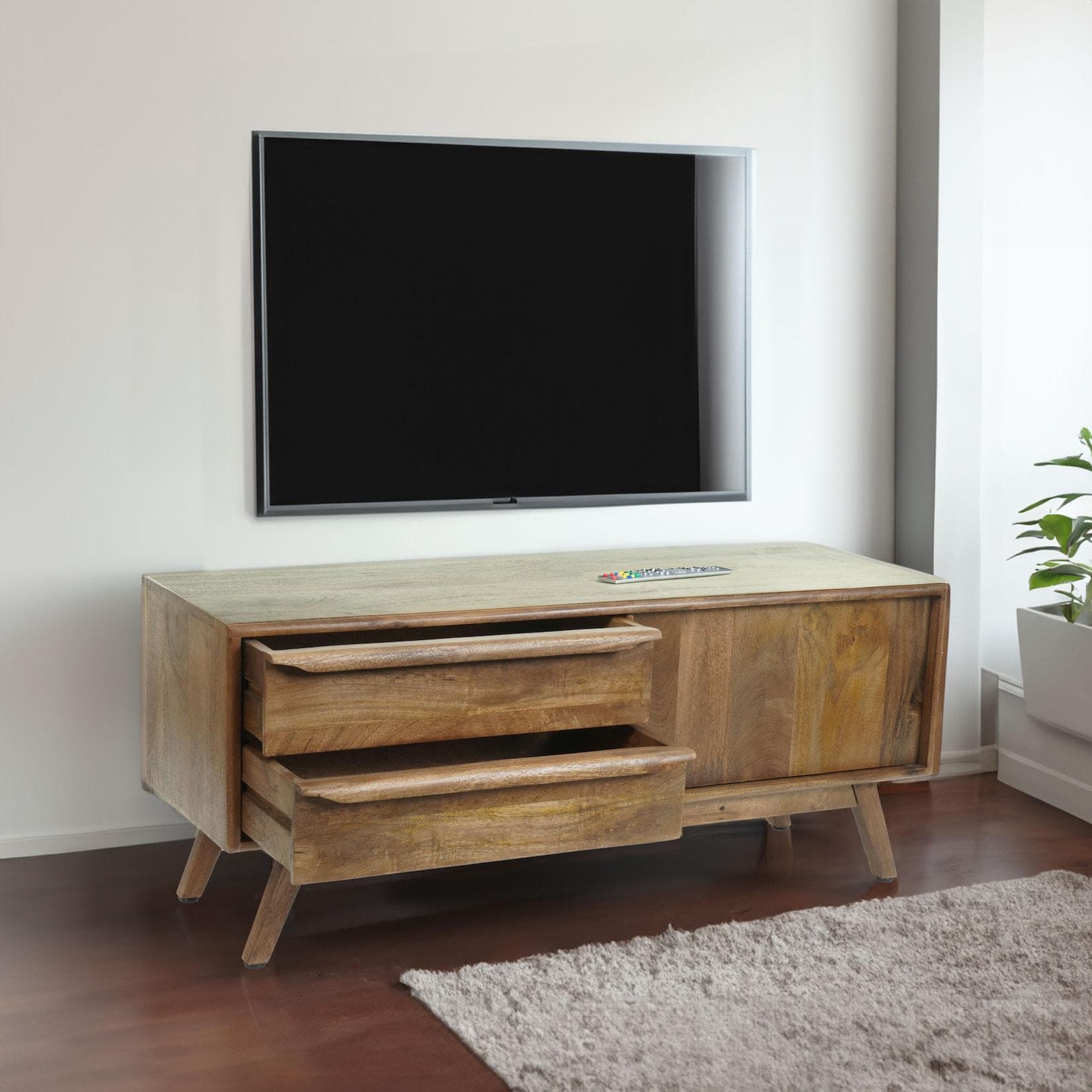 TV-Rack MCW-L96 Fernsehtisch Lowboard Kommode Schubladen Massivholz Mango