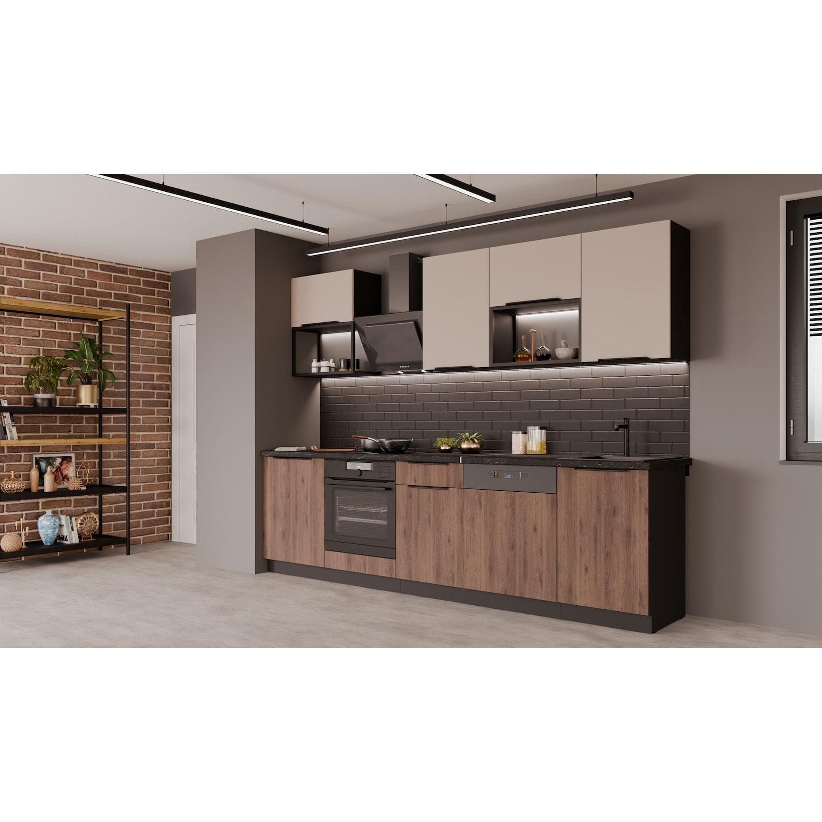 Küche MONZA + ARONA BASIC LOFT 280 cm Nußbaum Kaschmir matt