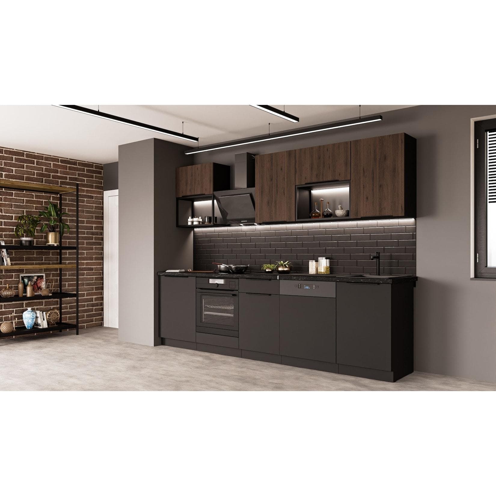 Küchen-Preisbombe SIENA + MONZA BASIC LOFT 280 Nussbaum Schwarz Matt