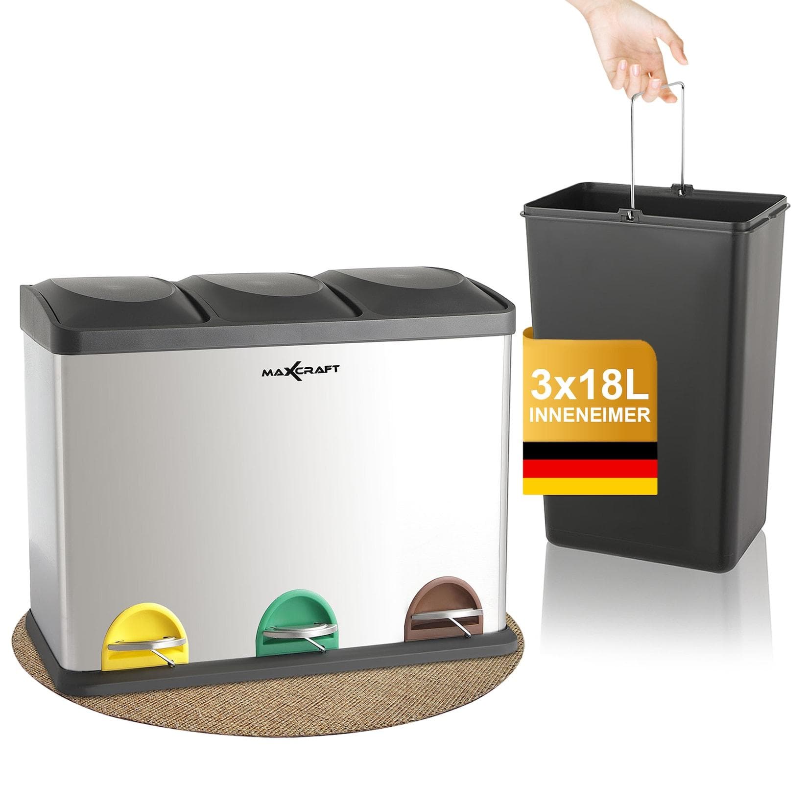 MAXCRAFT Mülleimer 3-Kammer-System 54 Liter