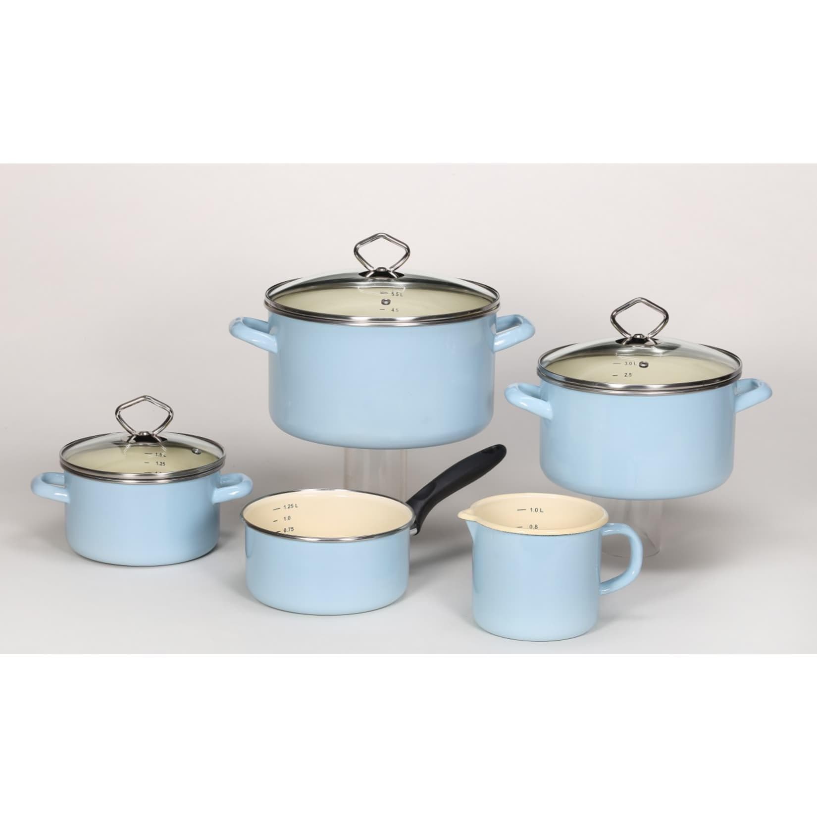 Emaille-Topfset SYLT 5-tlg. Pastellblau mit Glasdeckel